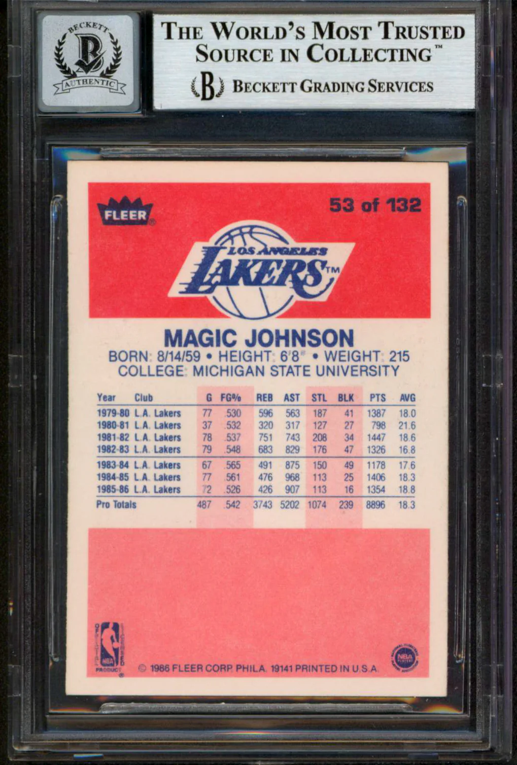 Lakers Magic Johnson "HOF 02" Signed 1986 Fleer #53 Card Auto 10! BAS Slabbed - Image 3