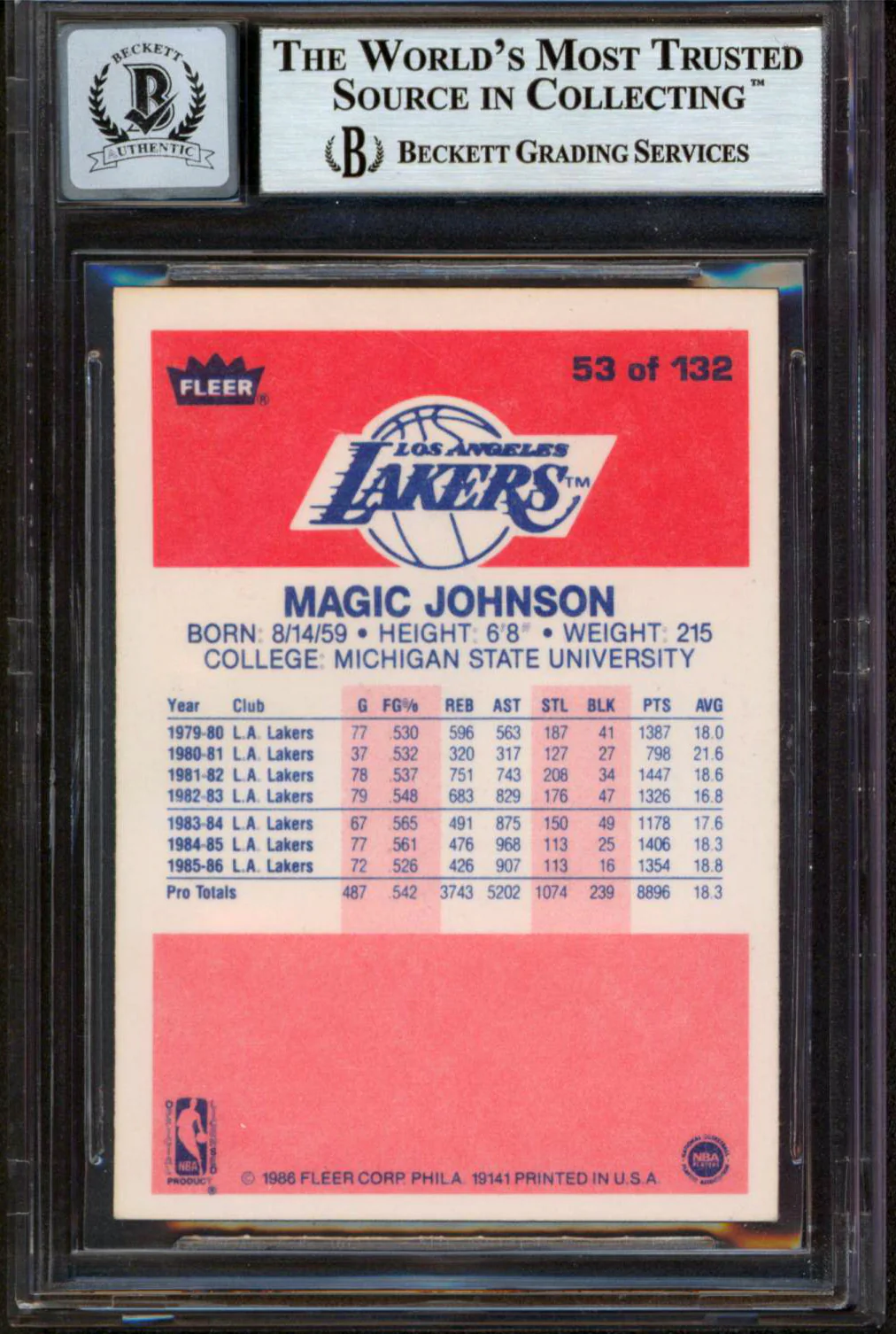 Lakers Magic Johnson "HOF 02" Signed 1986 Fleer #53 Card Auto 10! BAS Slabbed - Image 3