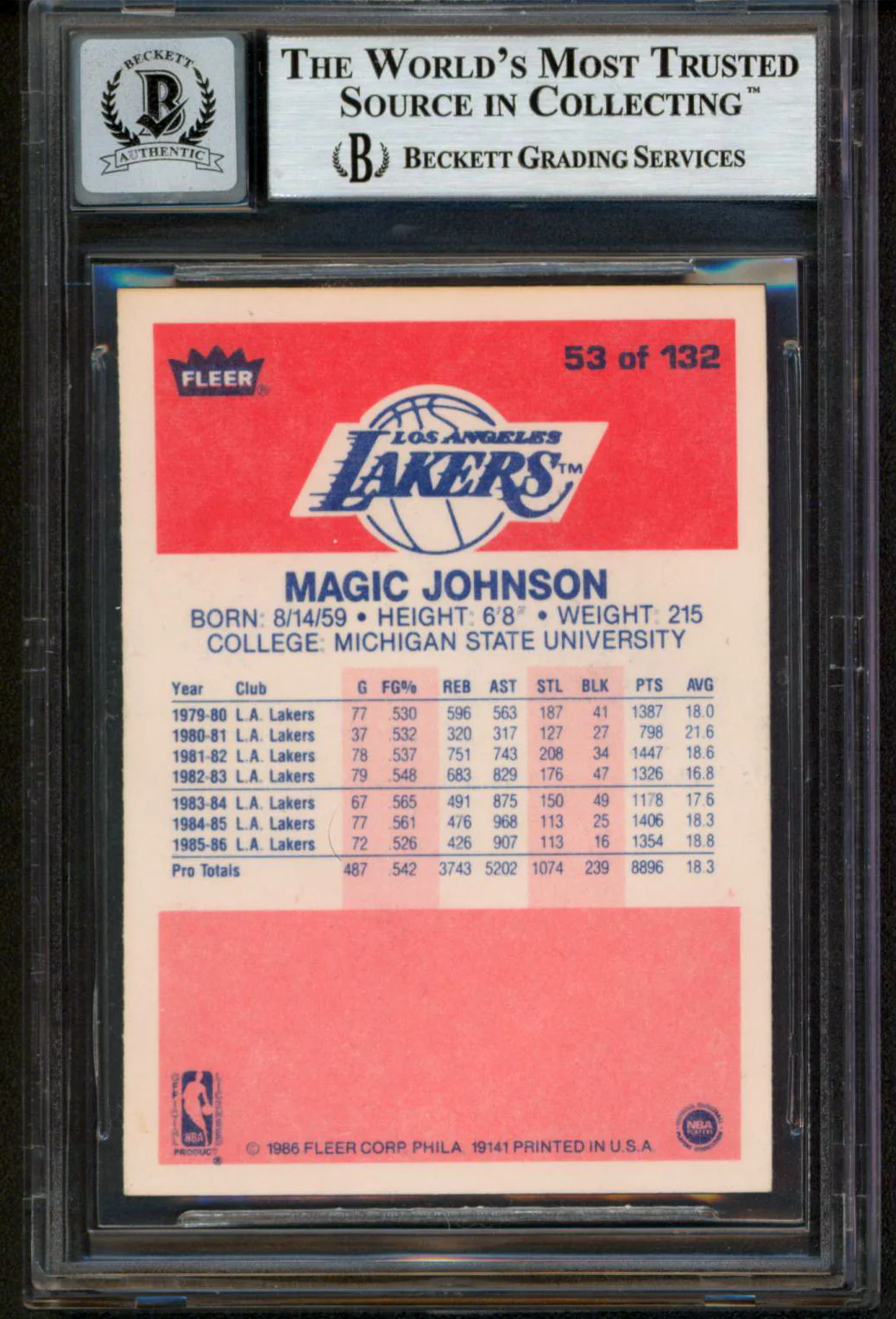 Lakers Magic Johnson "HOF 02" Signed 1986 Fleer #53 Card Auto 10! BAS Slabbed - Image 3