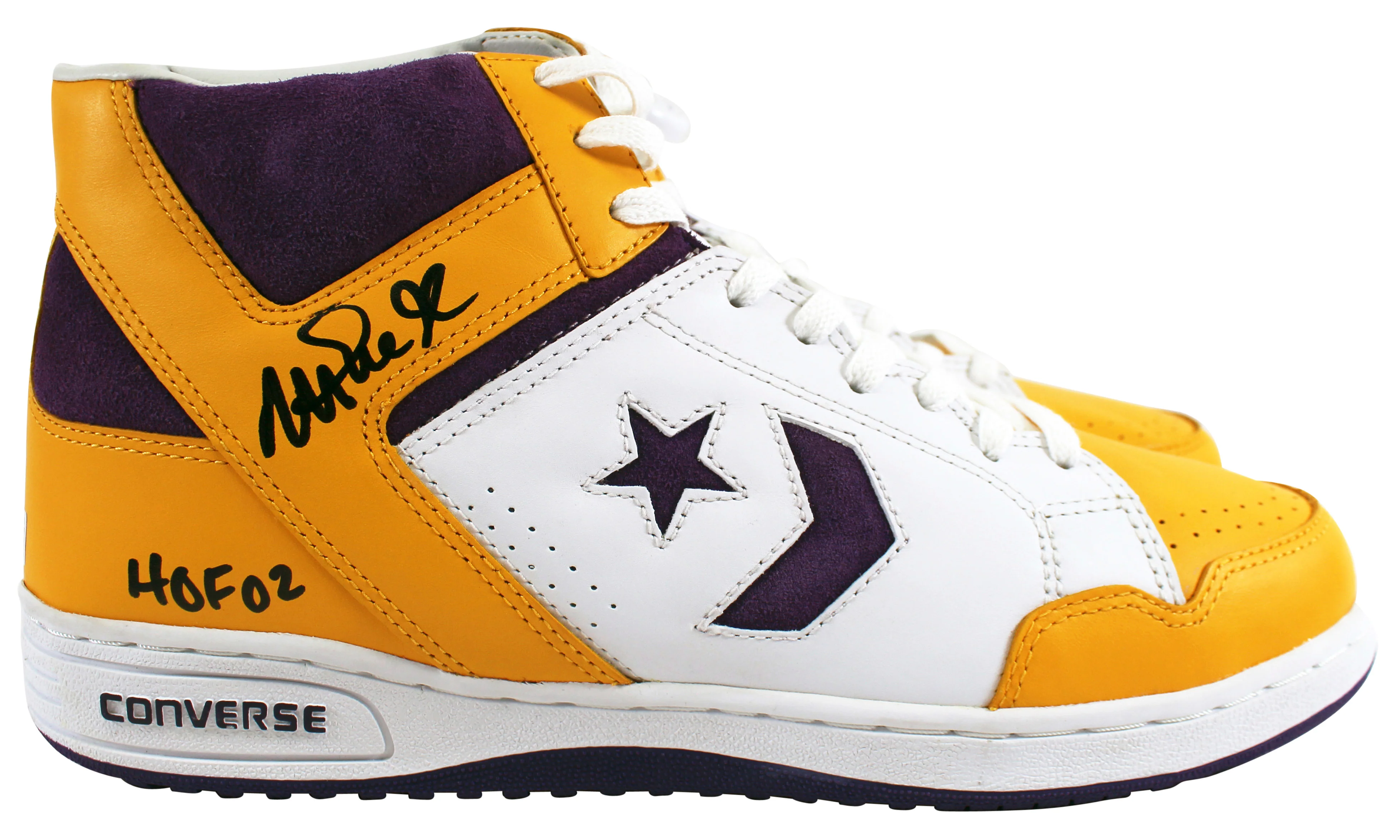 Lakers Magic Johnson "HOF 02" Signed Converse Weapon Shoes w/Box BAS Witness - Image 5