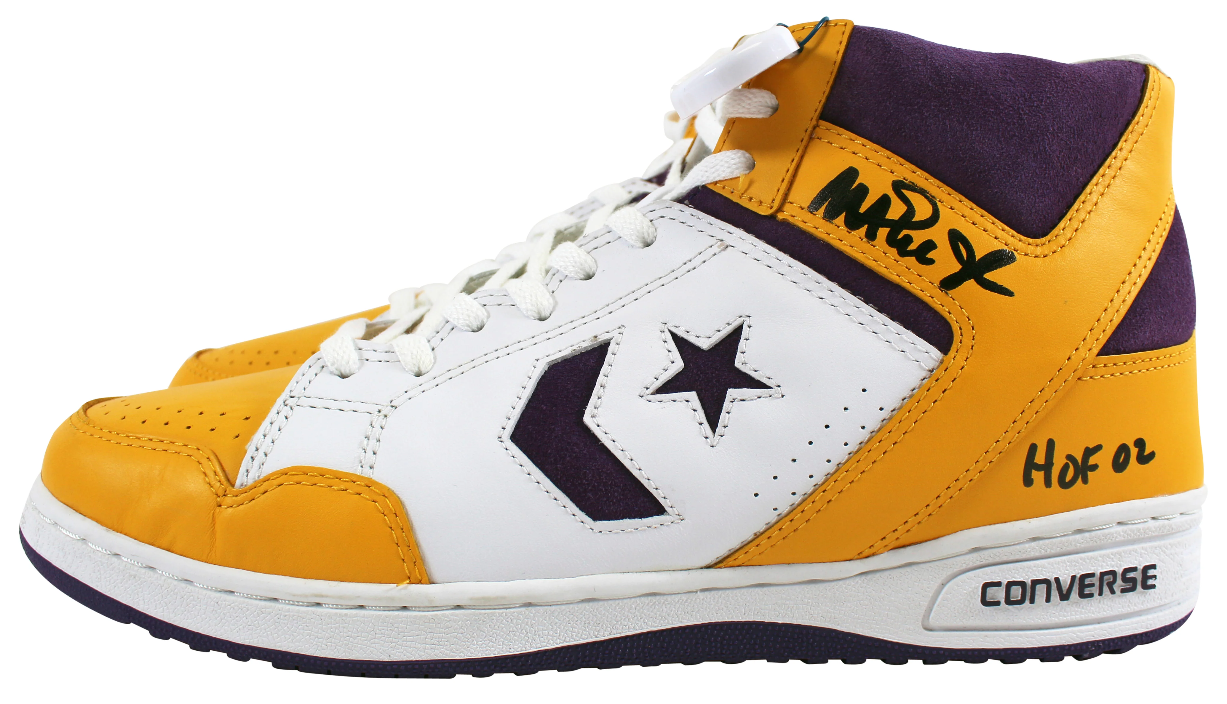 Lakers Magic Johnson "HOF 02" Signed Converse Weapon Shoes w/Box BAS Witness - Image 7