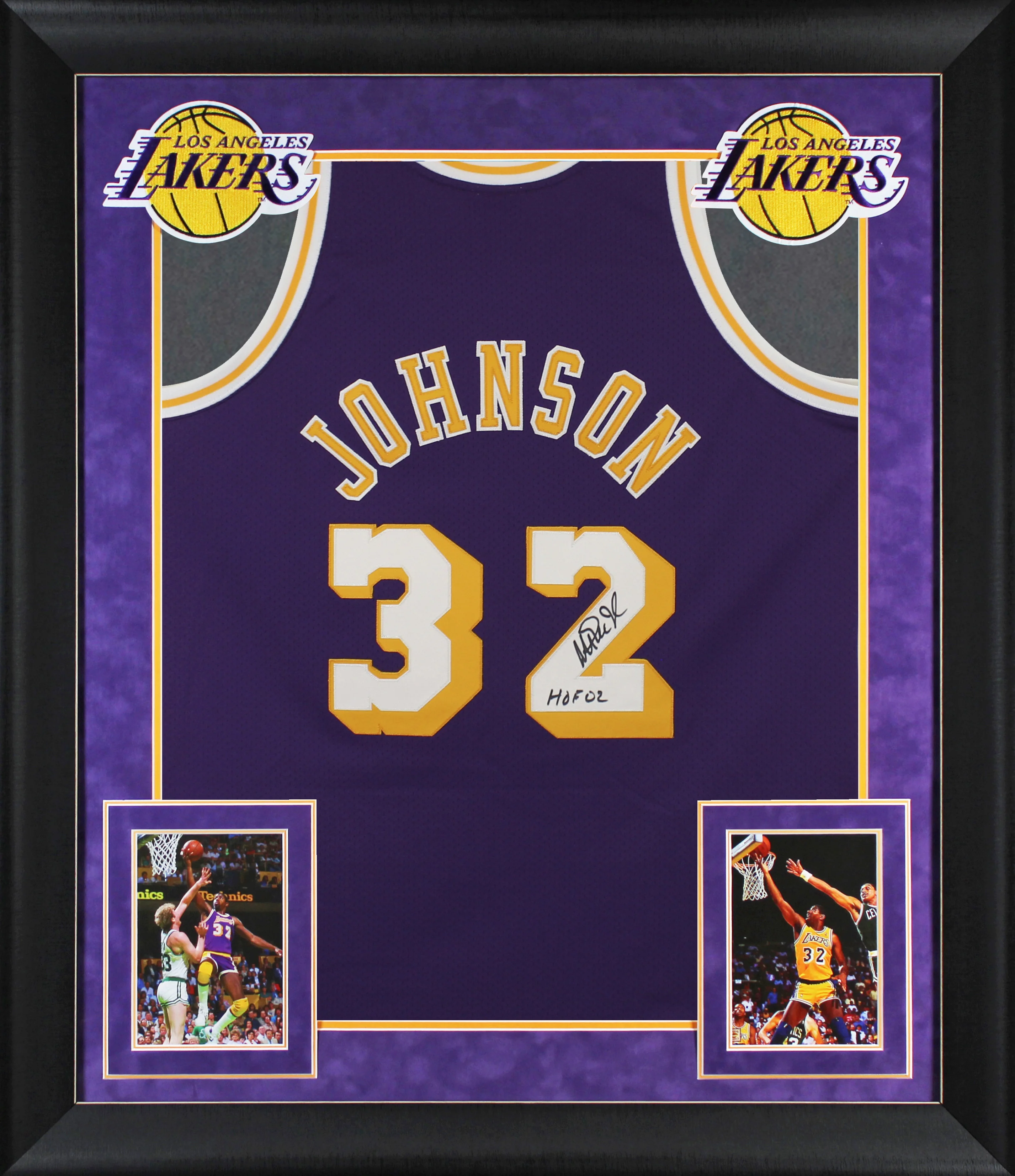 Lakers Magic Johnson "HOF 02" Signed M&N HWC Authentic Purple Framed Jersey BAS - Image 2