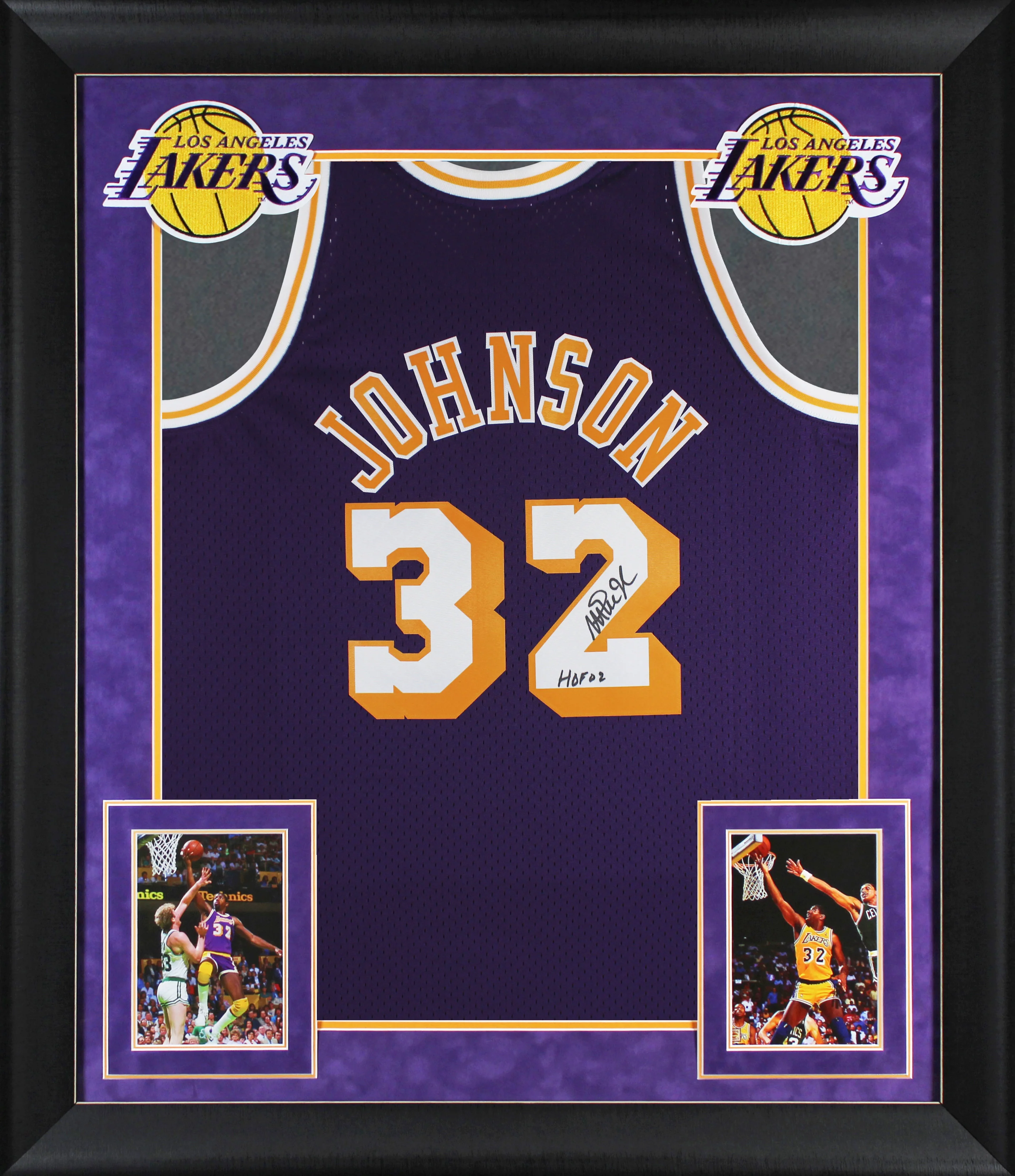 Lakers Magic Johnson "HOF 02" Signed Purple M&N HWC Swingman Framed Jersey BAS W - Image 2