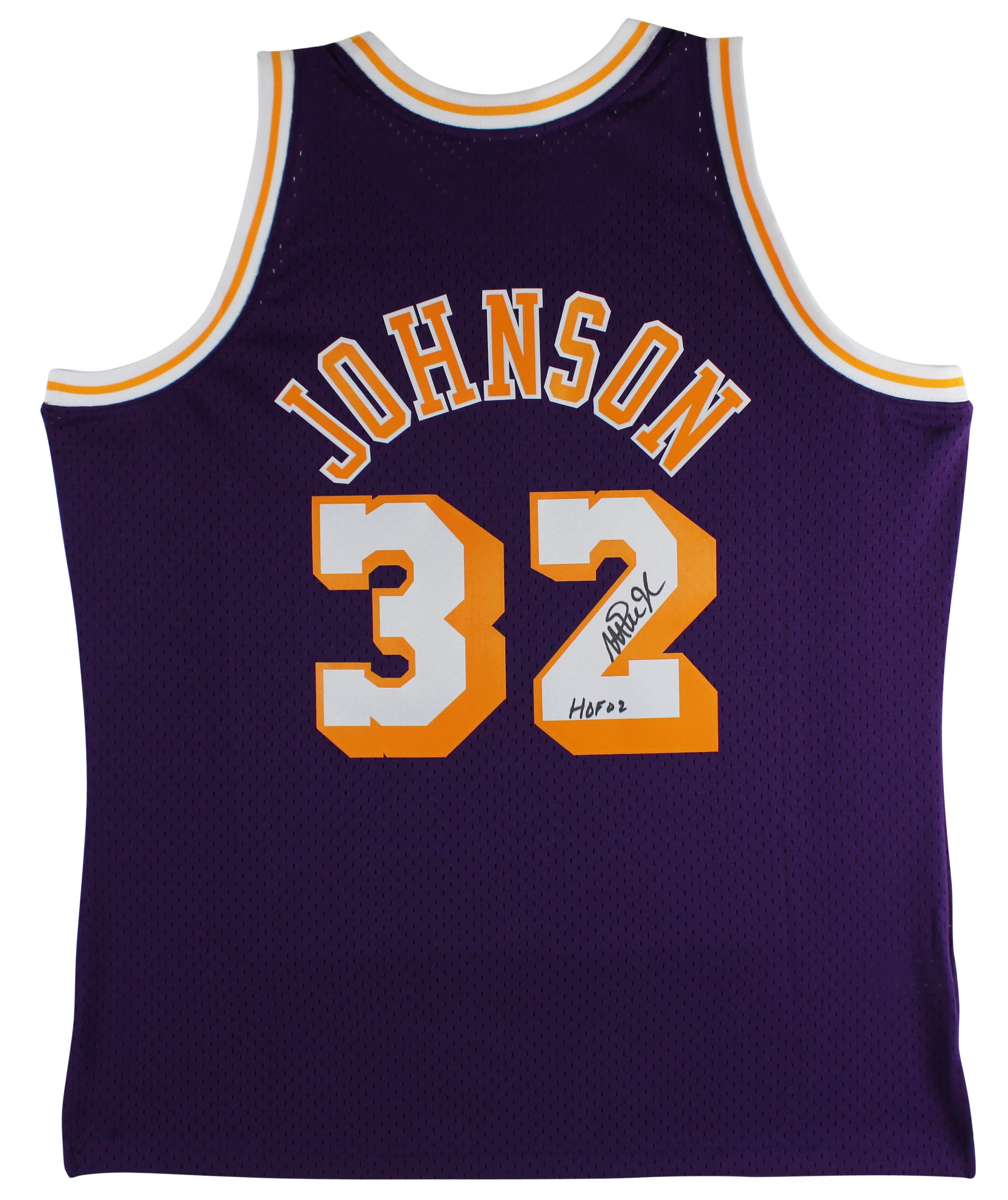 Lakers Magic Johnson "HOF 02" Signed Purple M&N HWC Swingman Jersey BAS Witness - Image 2