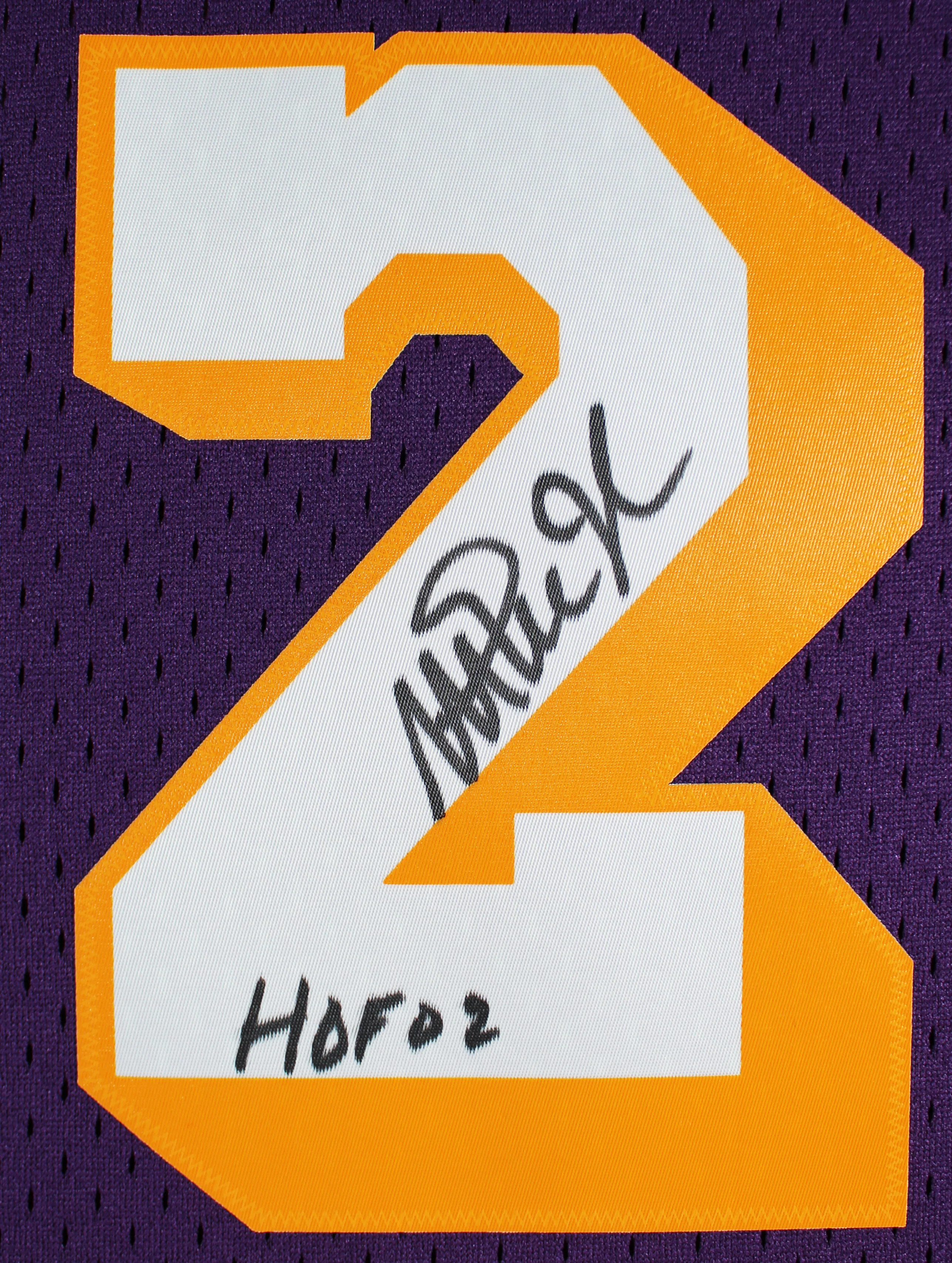 Lakers Magic Johnson "HOF 02" Signed Purple M&N HWC Swingman Jersey BAS Witness - Image 3