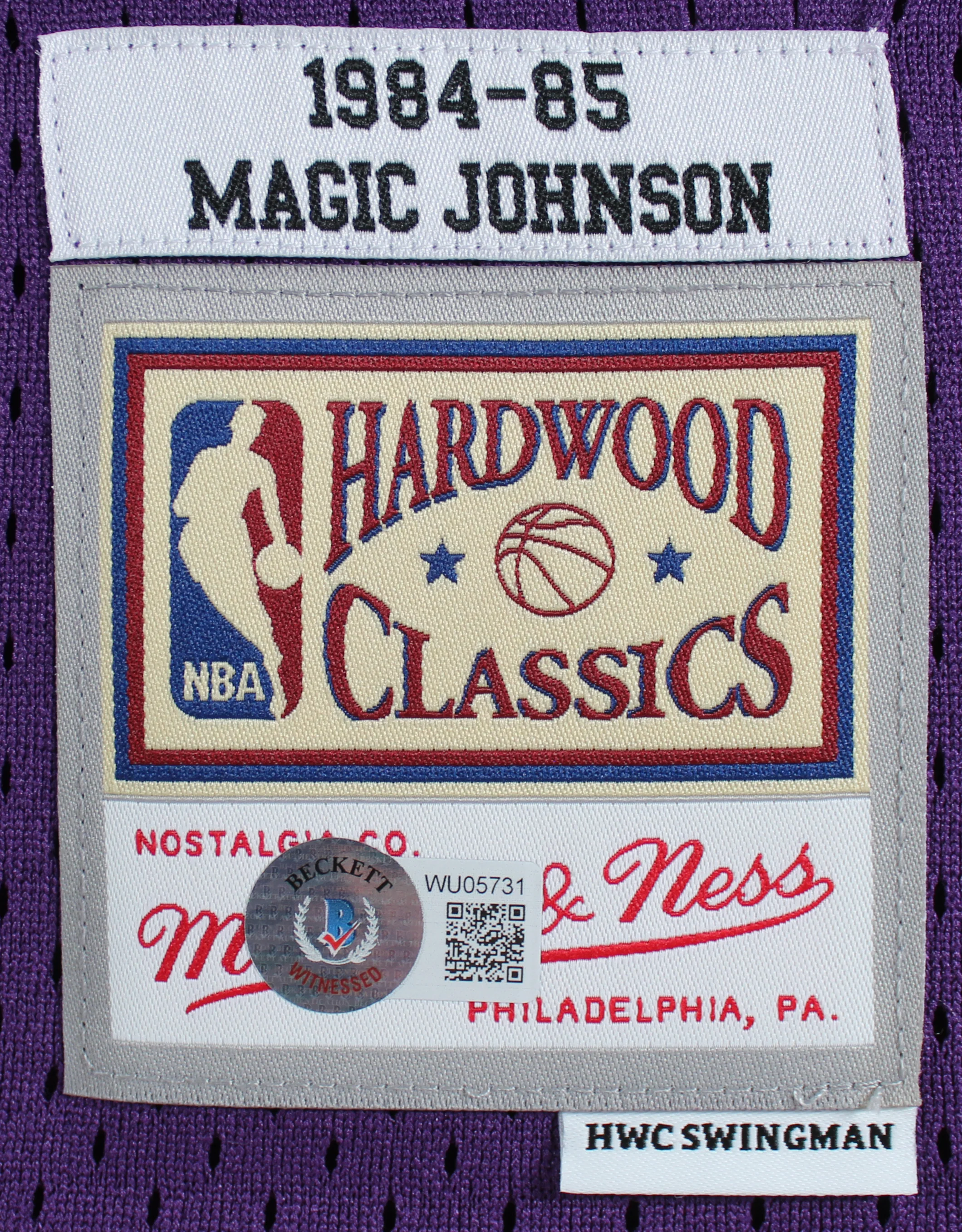 Lakers Magic Johnson "HOF 02" Signed Purple M&N HWC Swingman Jersey BAS Witness - Image 5