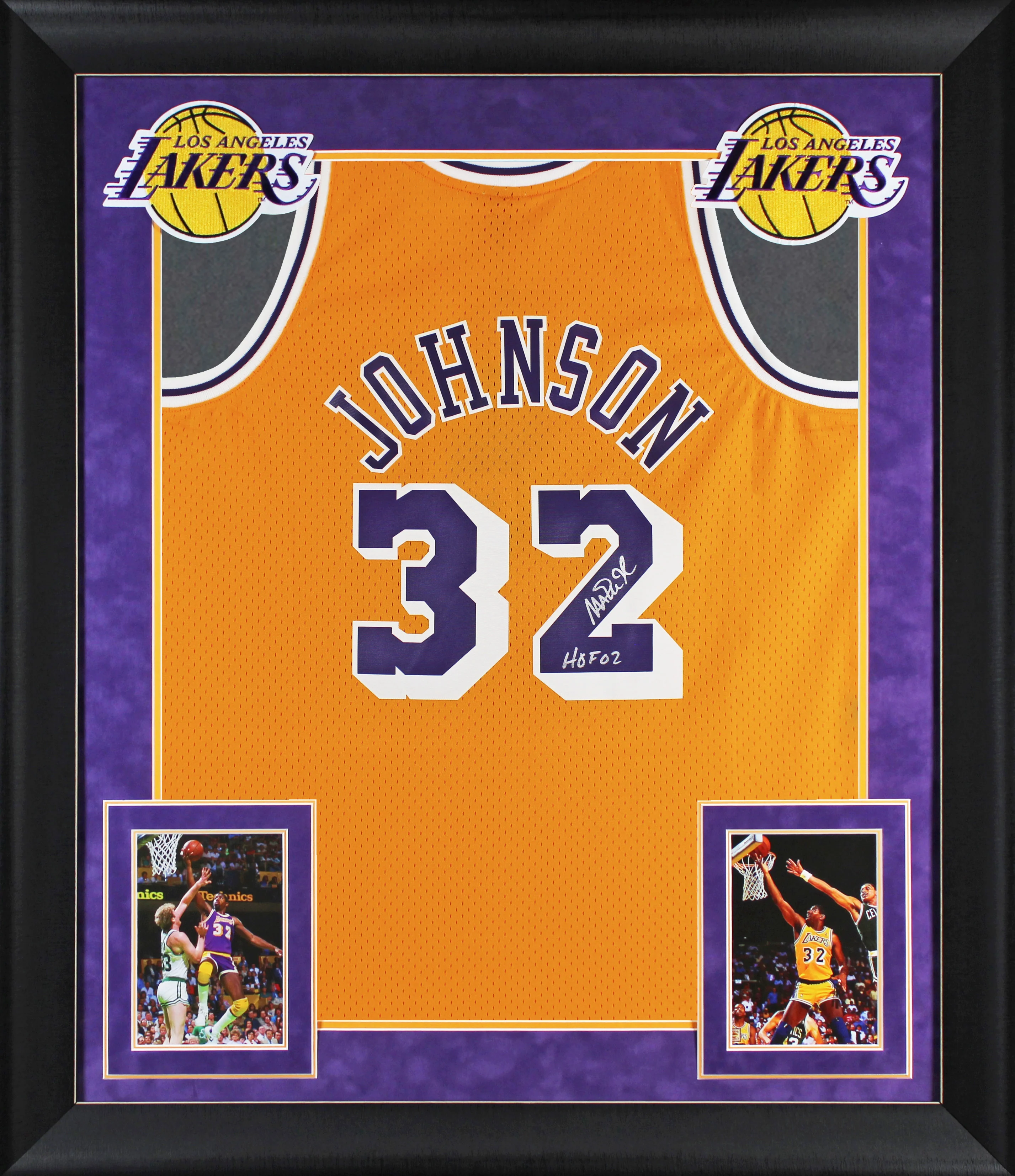 Lakers Magic Johnson "HOF 02" Signed Yellow M&N HWC Swingman Framed Jersey BAS W - Image 2