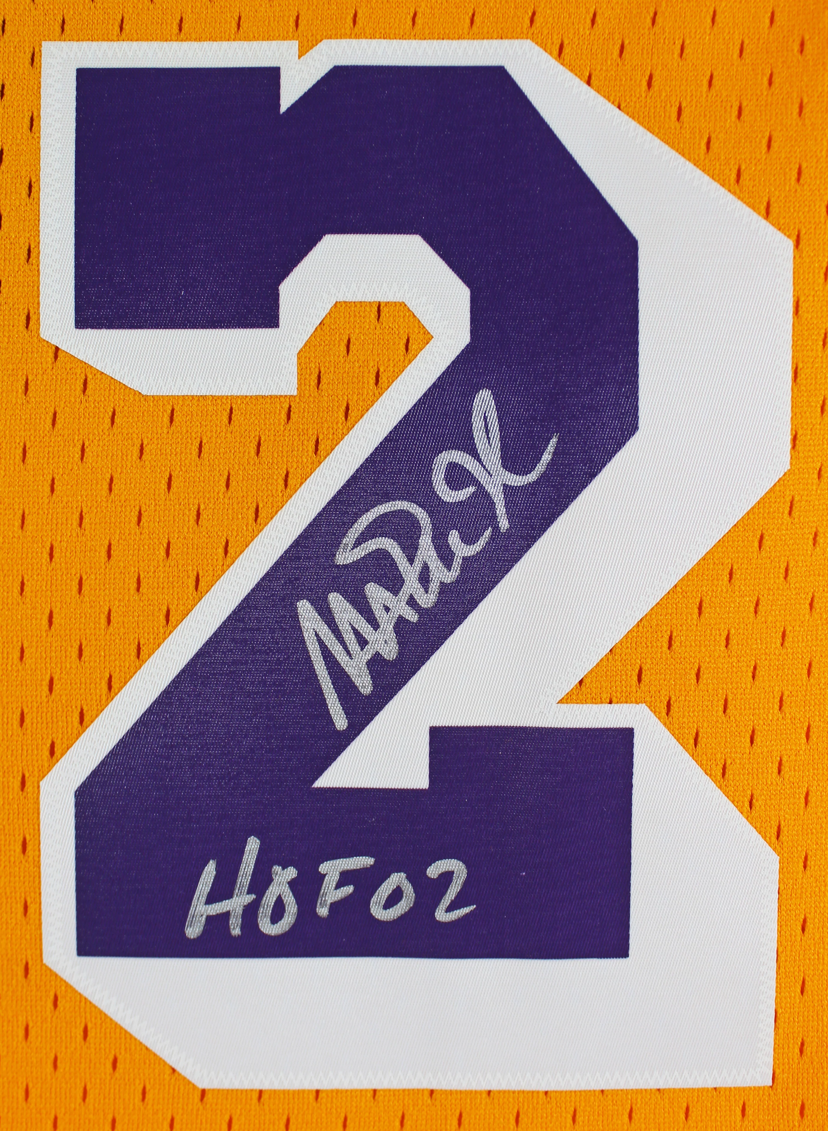 Lakers Magic Johnson "HOF 02" Signed Yellow M&N HWC Swingman Framed Jersey BAS W - Image 3
