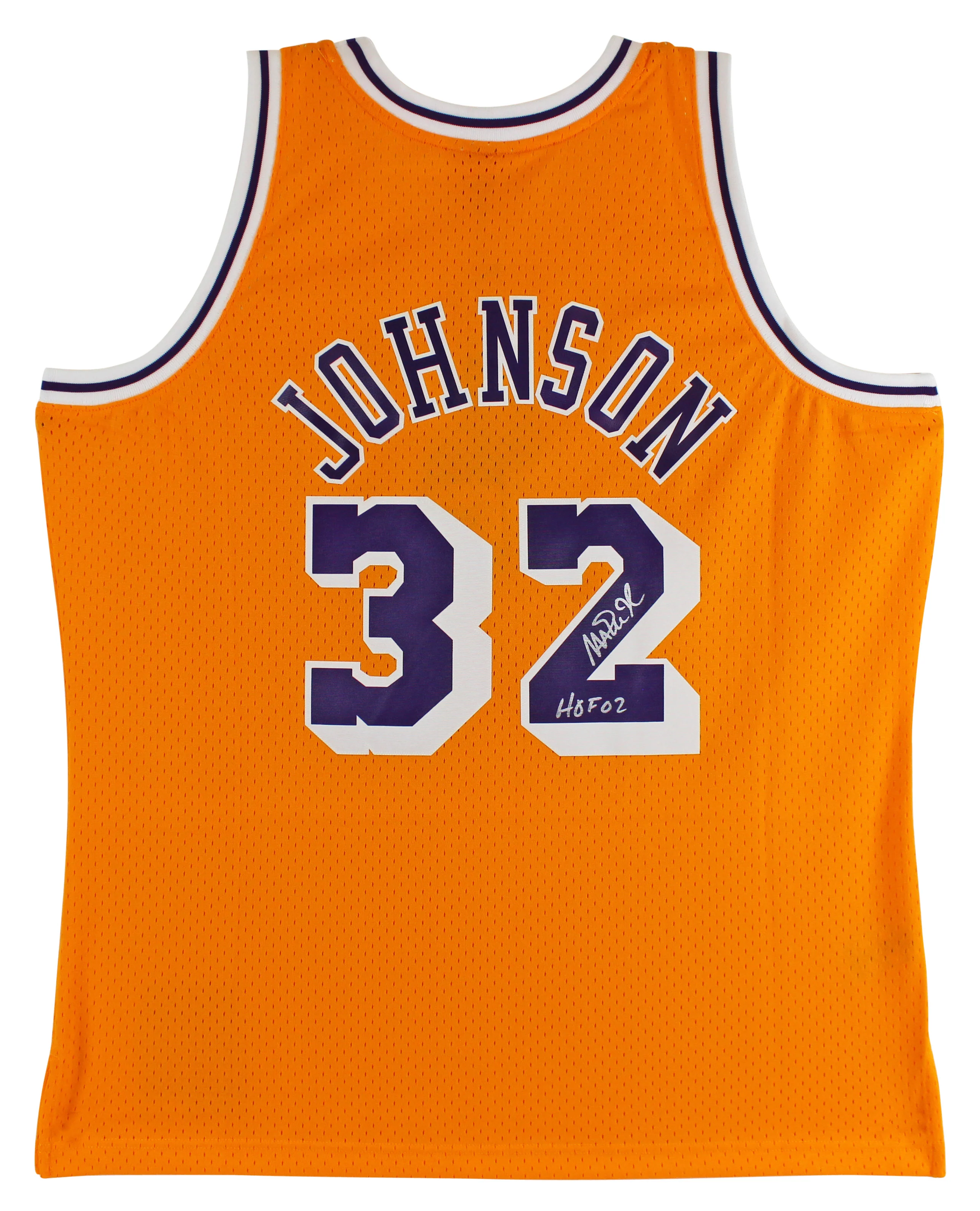 Lakers Magic Johnson "HOF 02" Signed Yellow M&N HWC Swingman Jersey BAS Witness - Image 2