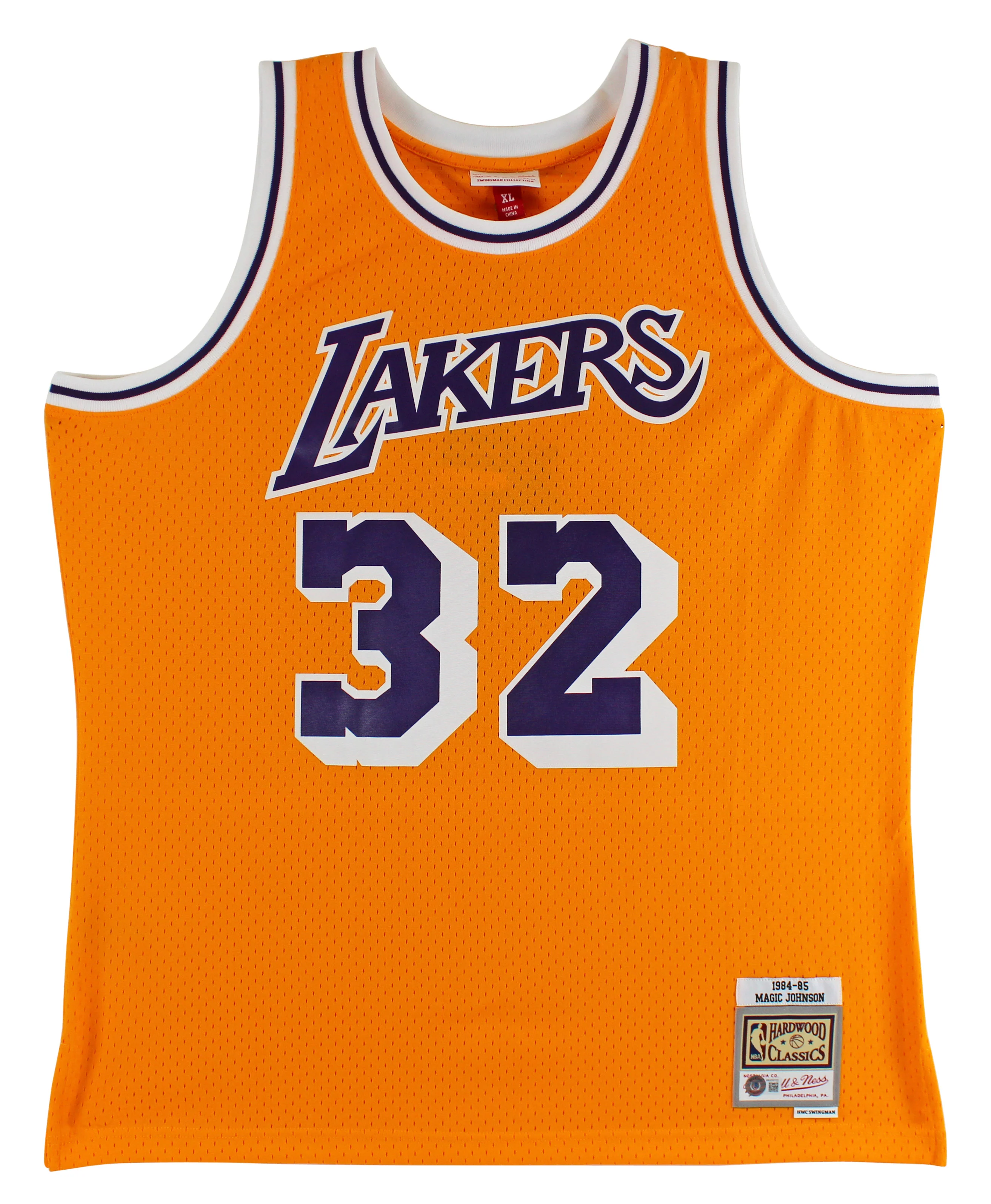 Lakers Magic Johnson "HOF 02" Signed Yellow M&N HWC Swingman Jersey BAS Witness - Image 4