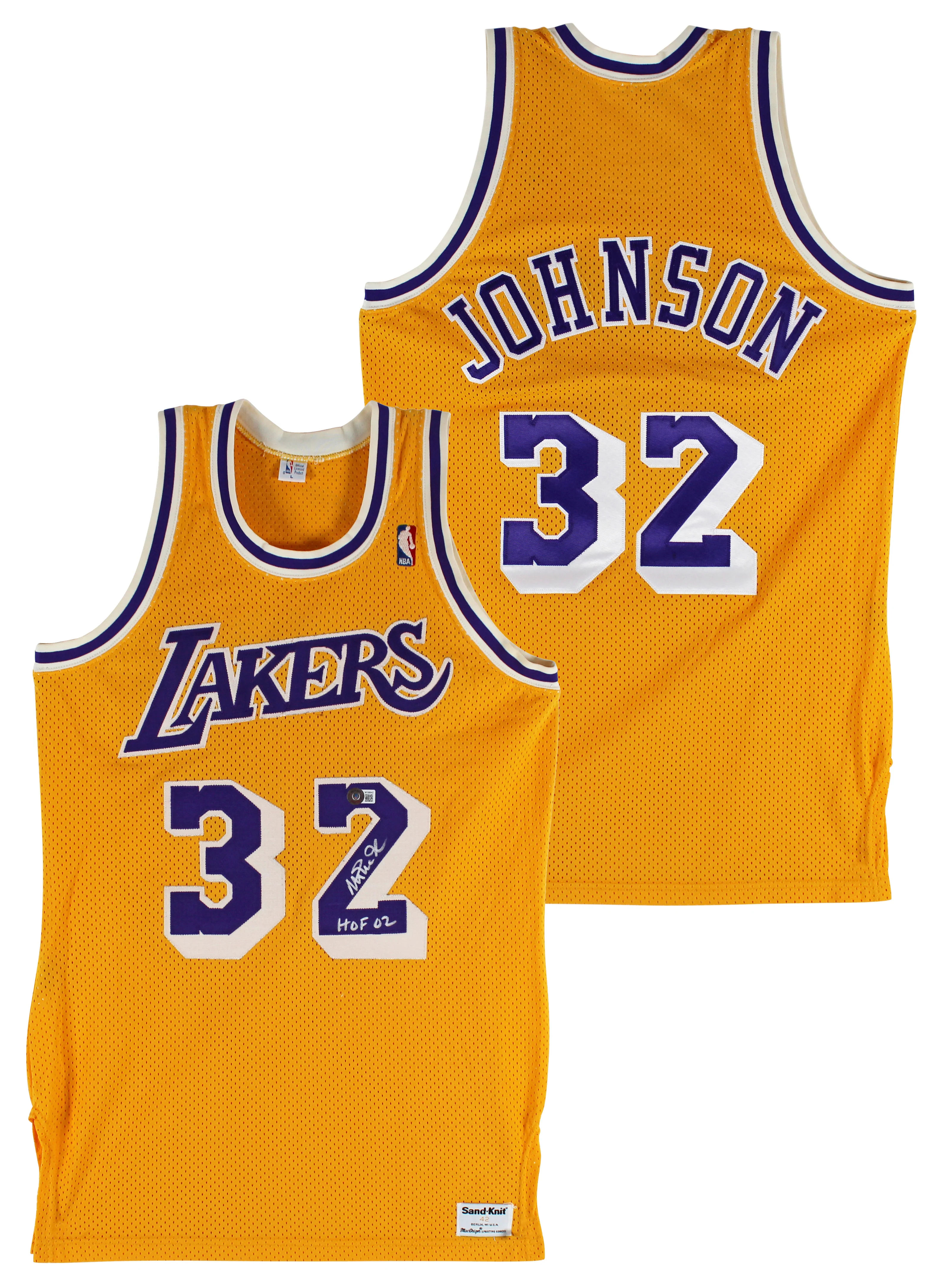 Lakers Magic Johnson "HOF 02" Signed Yellow MacGregor Sand-Knit Jersey BAS Wit 2 - Image 2