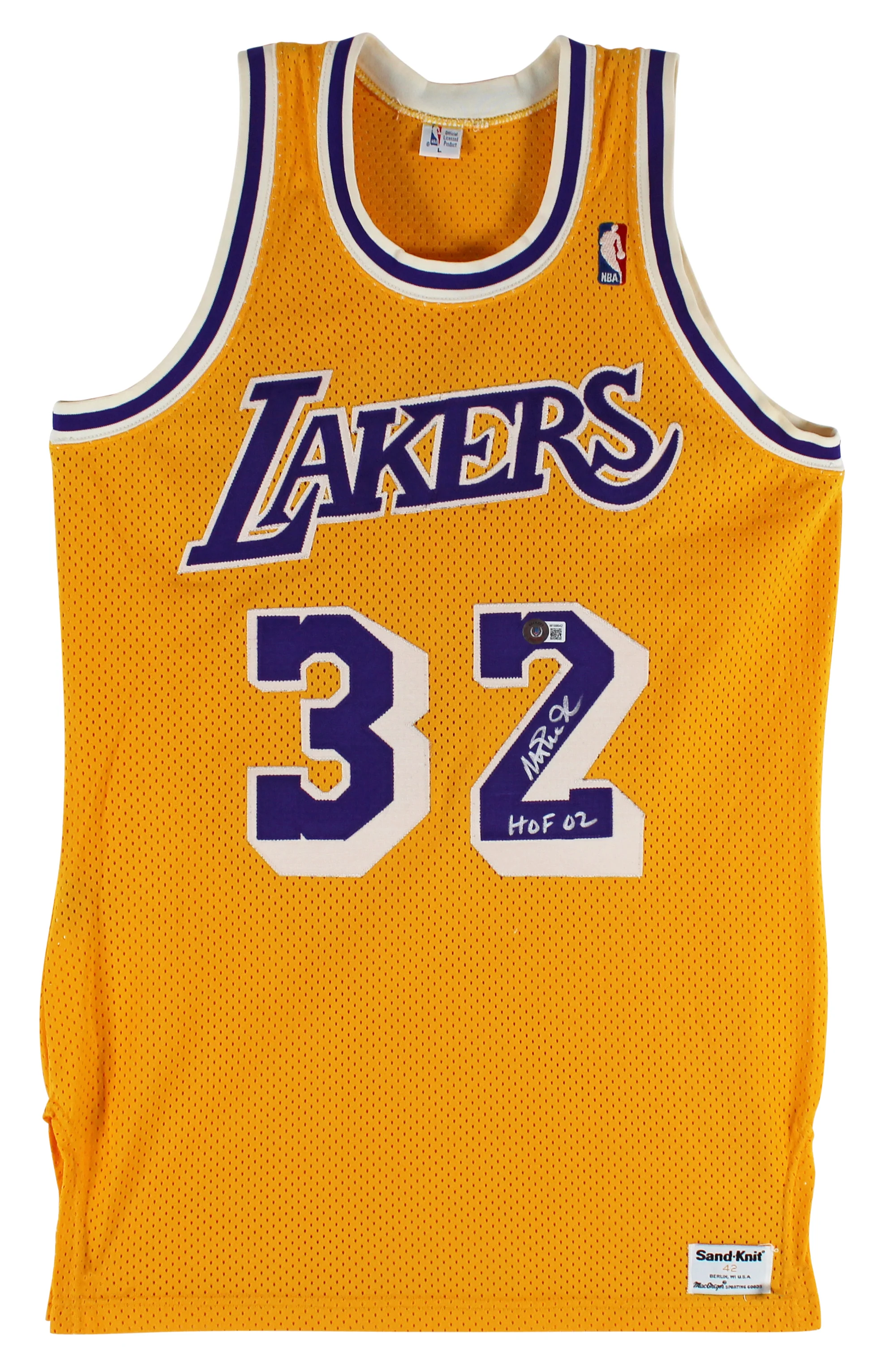 Lakers Magic Johnson "HOF 02" Signed Yellow MacGregor Sand-Knit Jersey BAS Wit 2 - Image 3