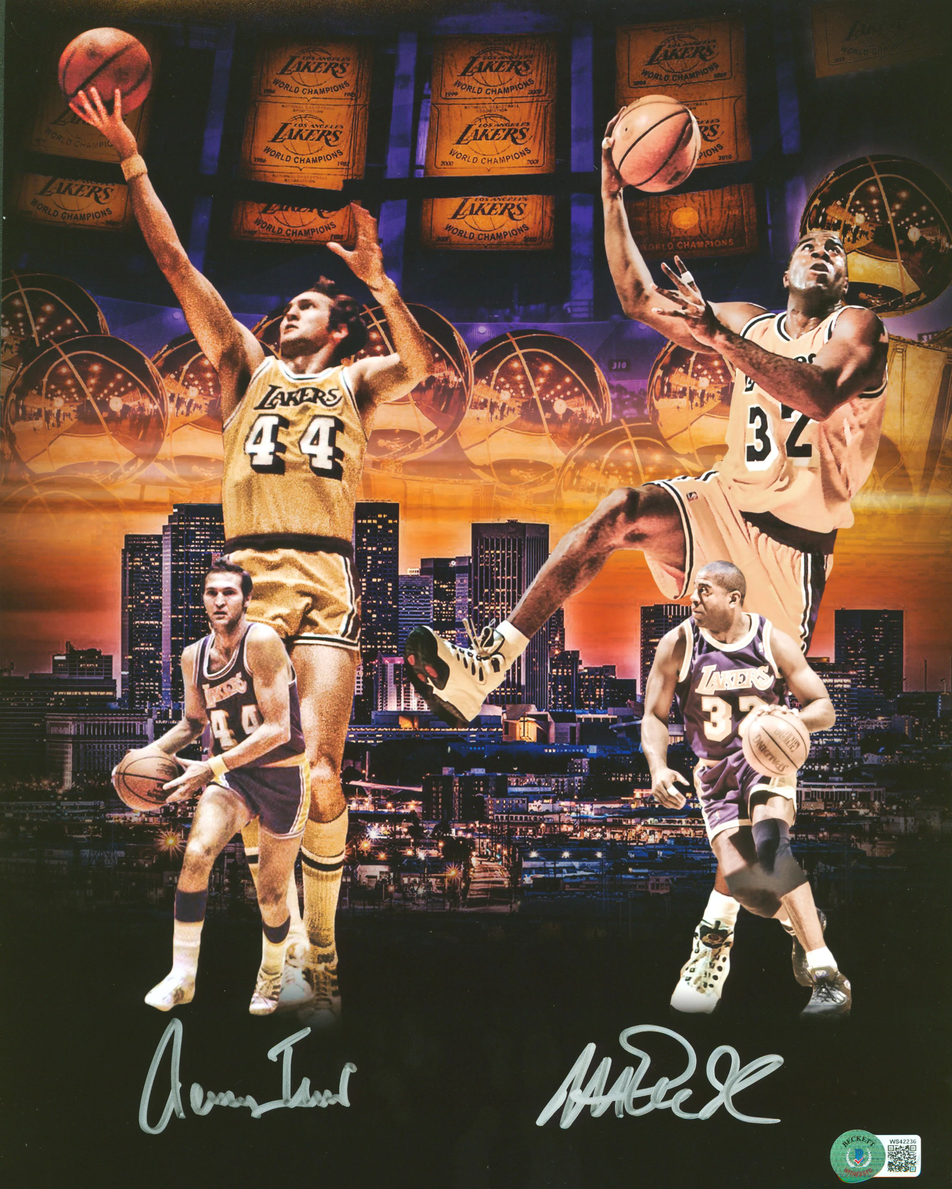 Lakers Magic Johnson & Jerry West Authentic Signed 11x14 Collage Photo BAS Wit - Image 2