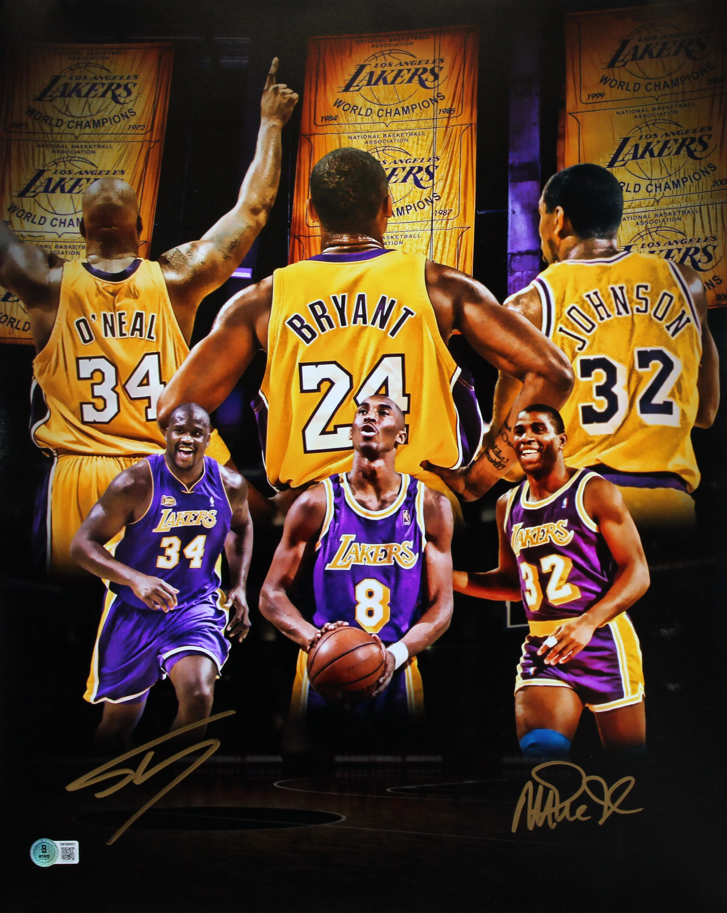 Lakers Magic Johnson & Shaquille O'Neal Signed 16x20 Custom Photo BAS Witnessed - Image 2