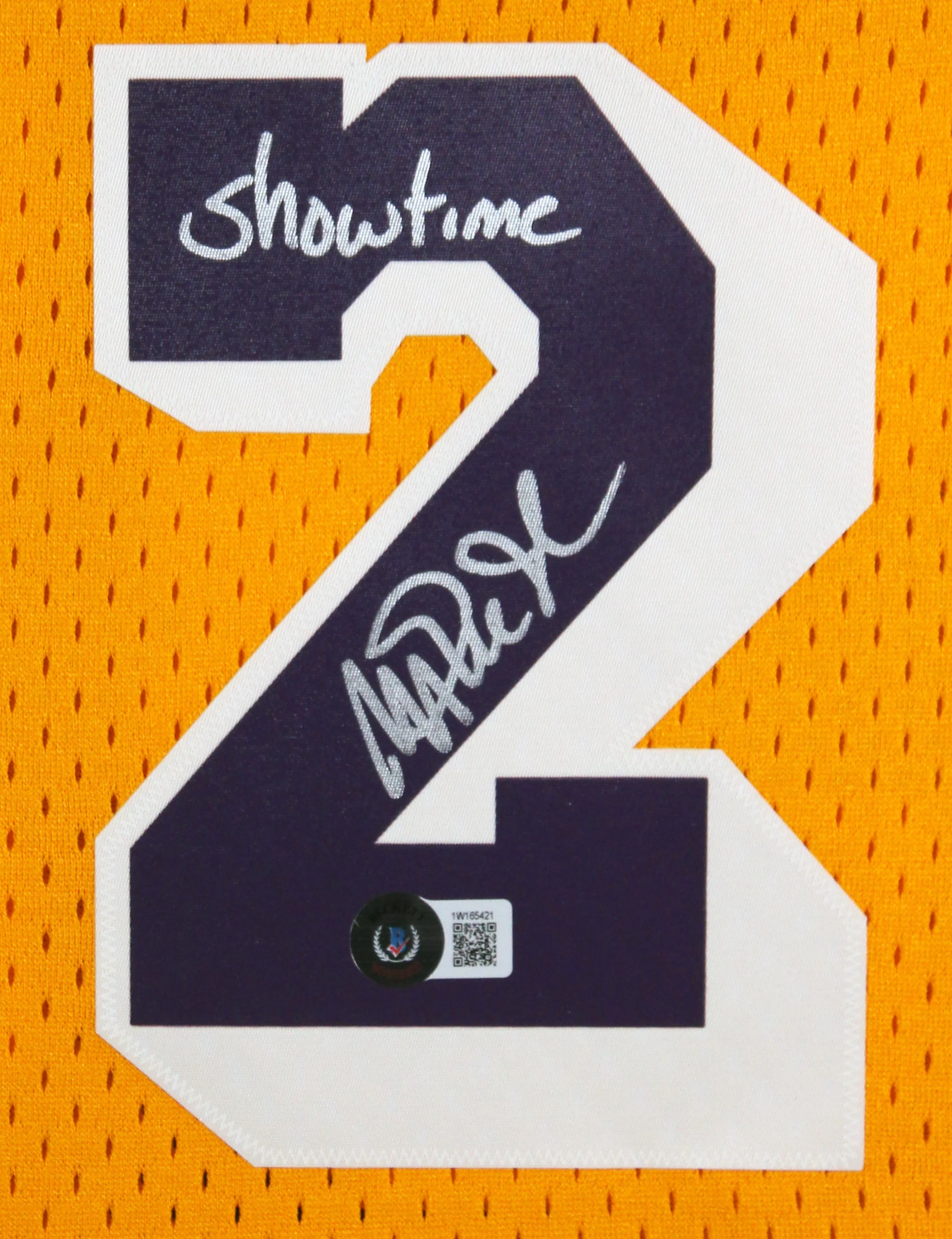 Lakers Magic Johnson "Showtime" Signed Yellow M&N HWC Framed Jersey BAS Witness - Image 3