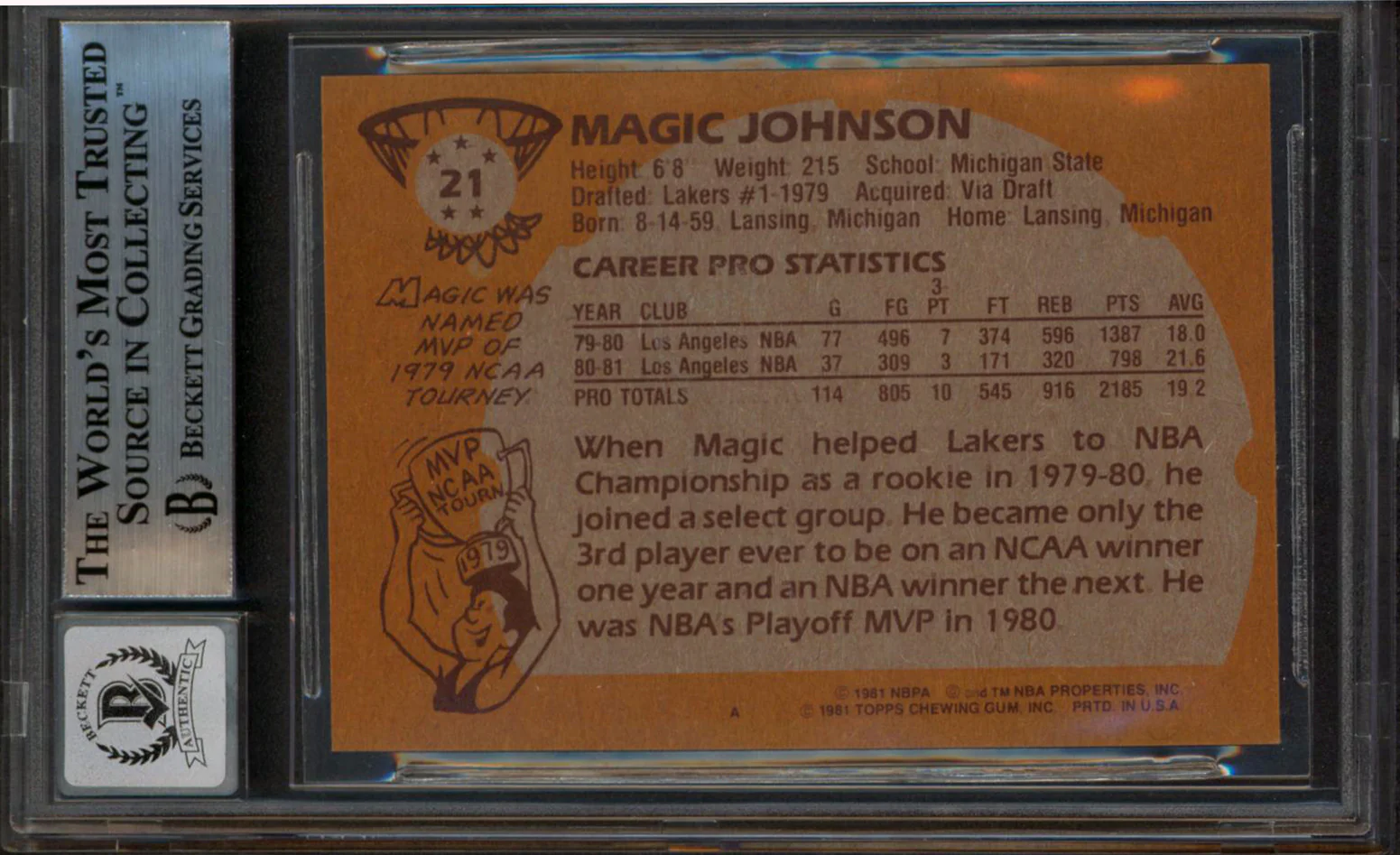 Lakers Magic Johnson Signed 1981 Topps #21 Card Auto 10! BAS Slabbed #13630868 - Image 3