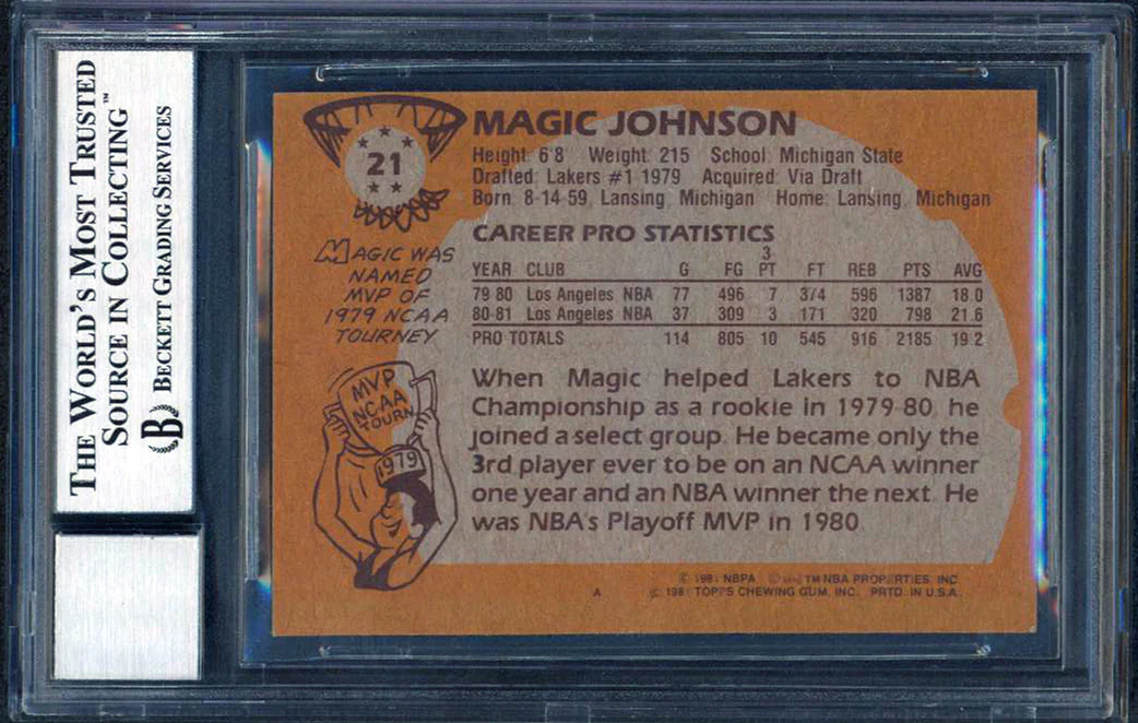 Lakers Magic Johnson Signed 1981 Topps #21 Card Auto Grade 10 BAS Slab #12472767 - Image 3