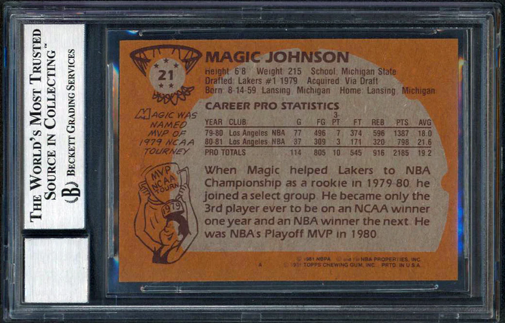 Lakers Magic Johnson Signed 1981 Topps #21 Card Auto Grade 10 BAS Slab #12472784 - Image 3