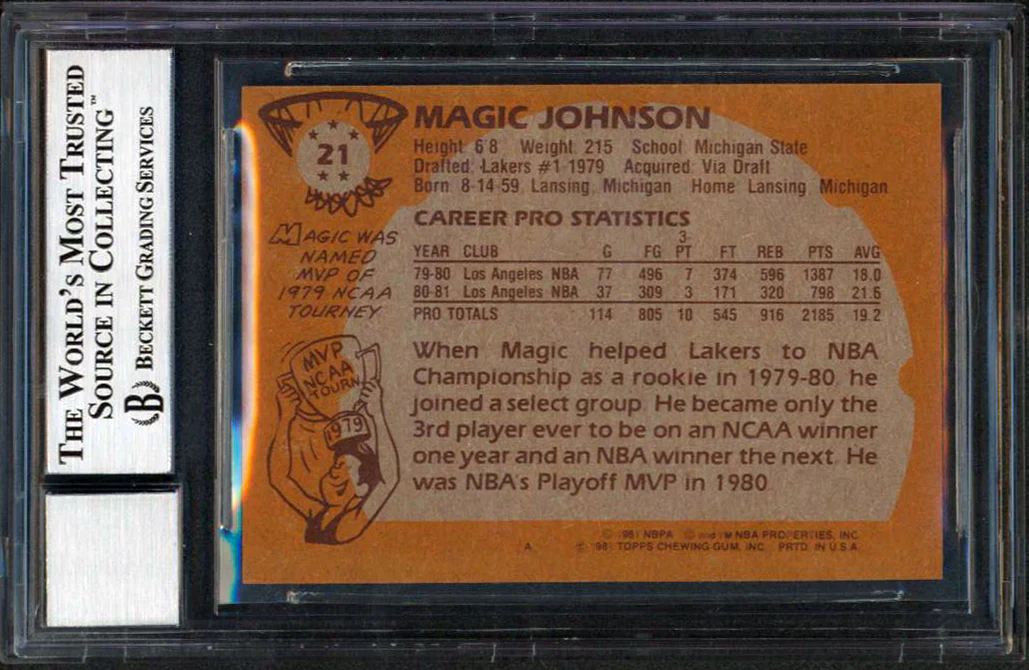 Lakers Magic Johnson Signed 1981 Topps #21 Card Auto Grade 10 BAS Slab #12565786 - Image 3