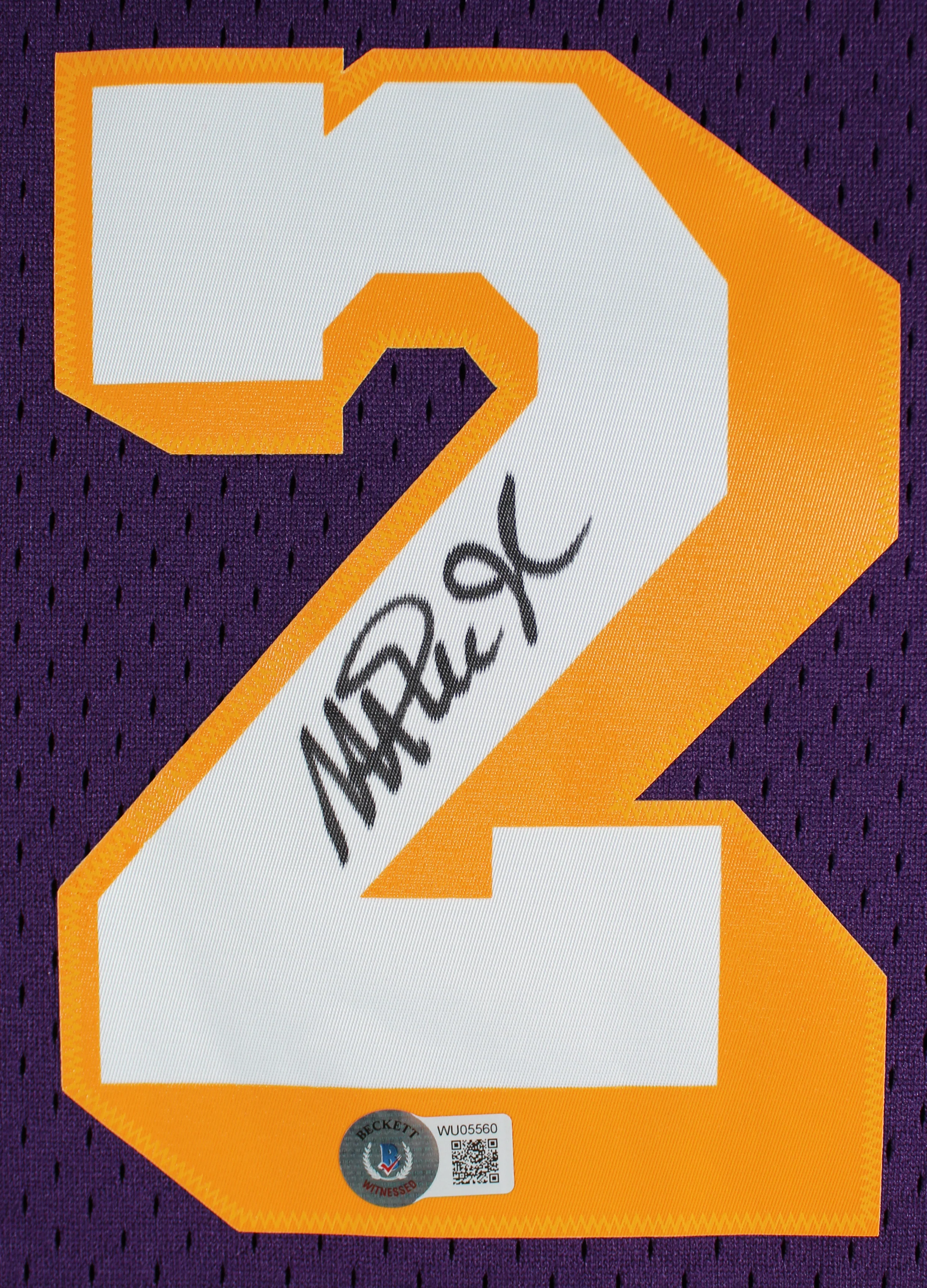 Lakers Magic Johnson Signed 1984-85 M&N HWC Swingman Purple Framed Jersey BAS W - Image 3