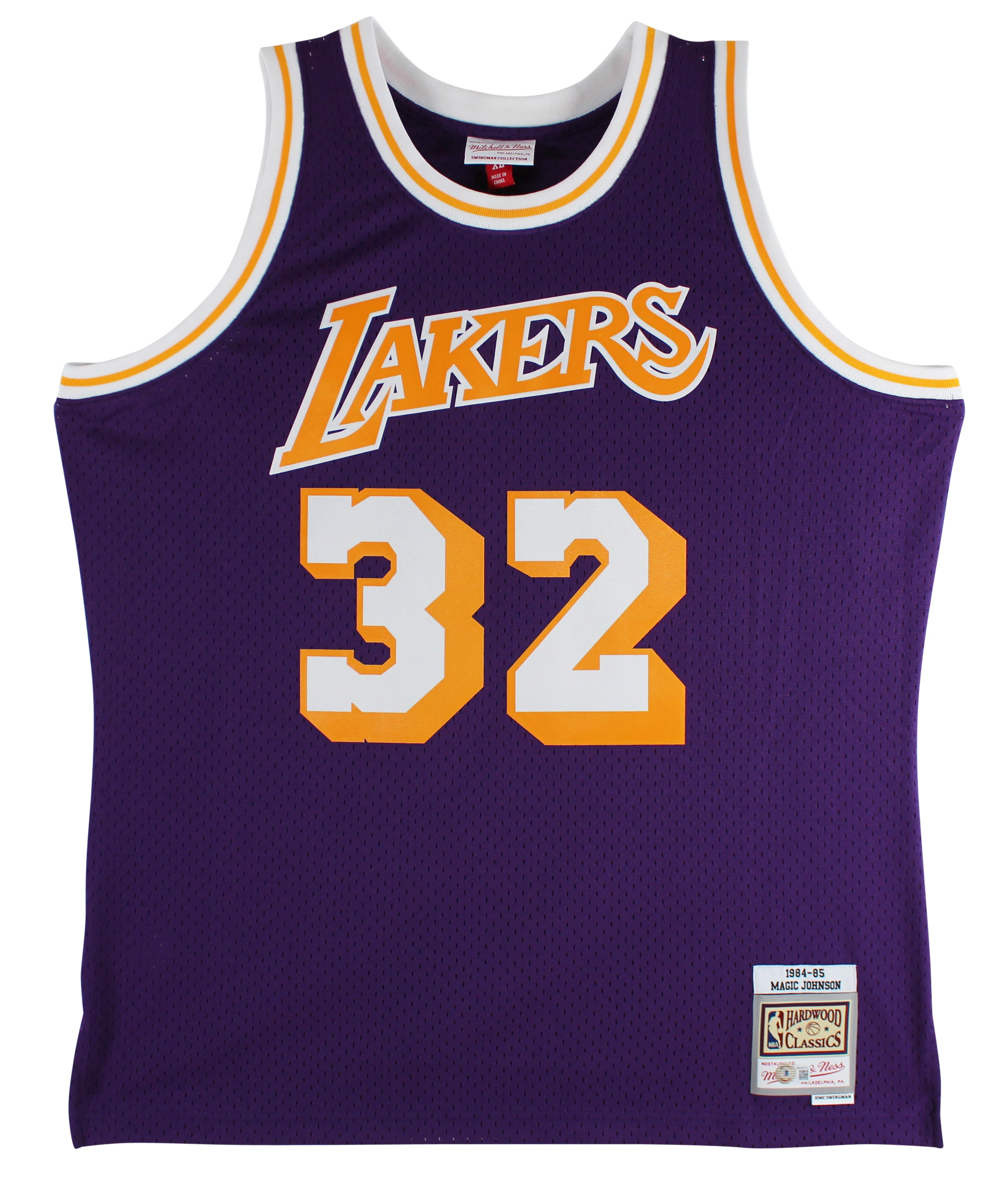 Lakers Magic Johnson Signed 1984-85 M&N HWC Swingman Purple Jersey BAS Witnessed - Image 4