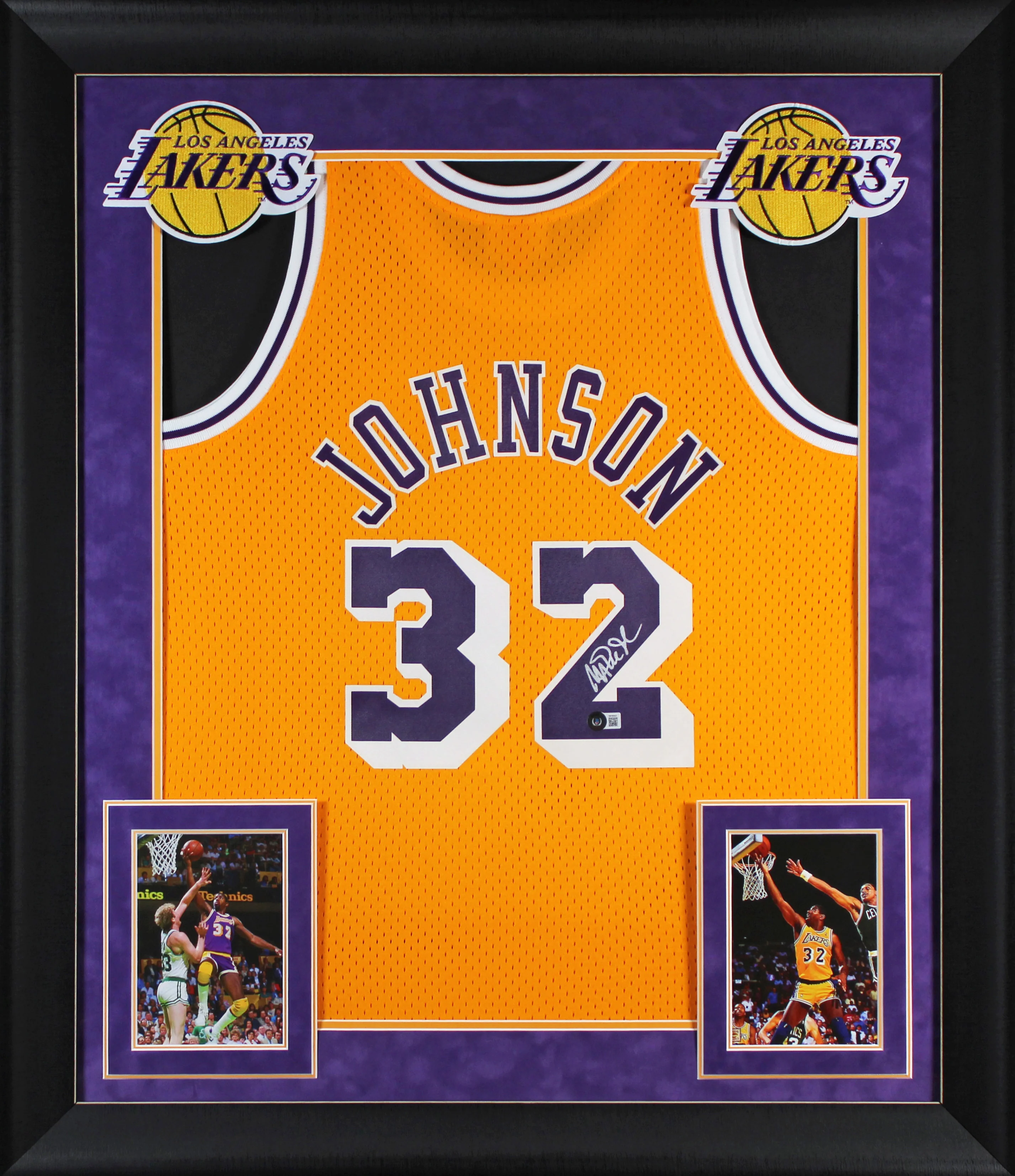 Lakers Magic Johnson Signed 1984-85 M&N HWC Swingman Yellow Framed Jersey BAS W - Image 2