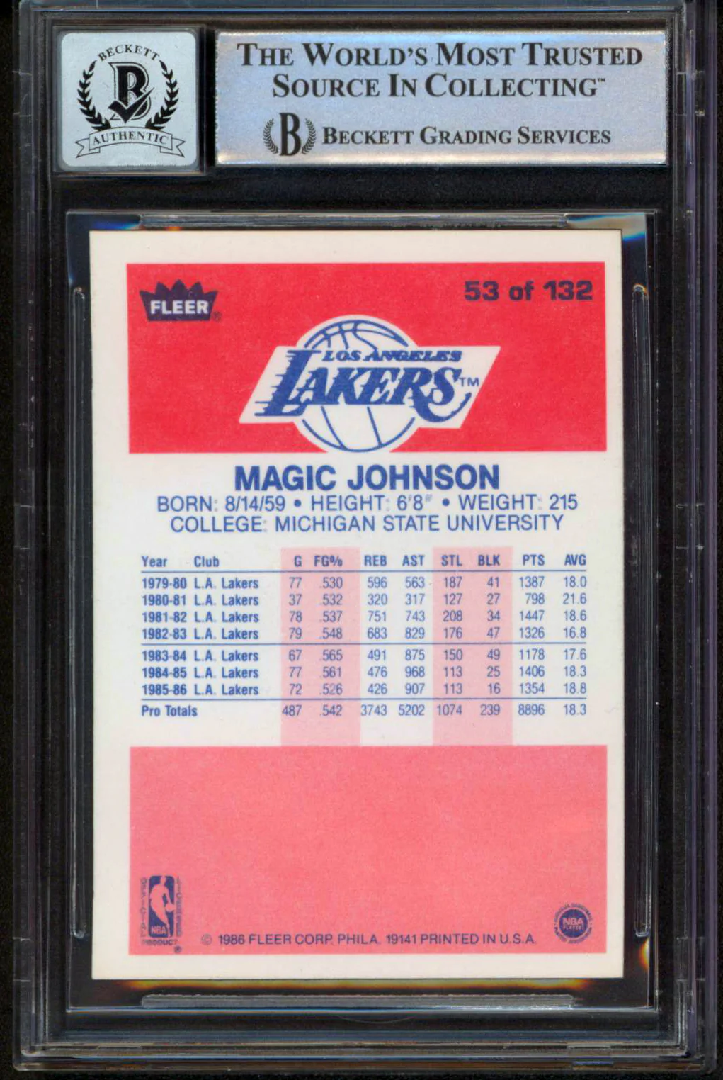 Lakers Magic Johnson Signed 1986 Fleer #53 Card Auto 10! w/ Blue Sig BAS Slabbed - Image 3
