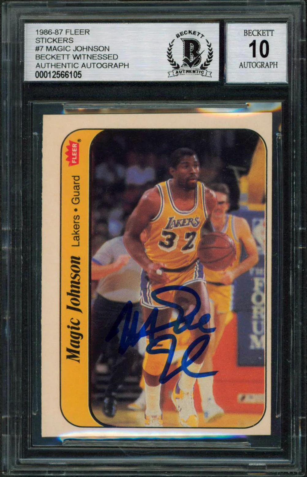 Lakers Magic Johnson Signed 1986 Fleer Sticker #7 Card Auto Grade 10! BAS Slab 2 - Image 2