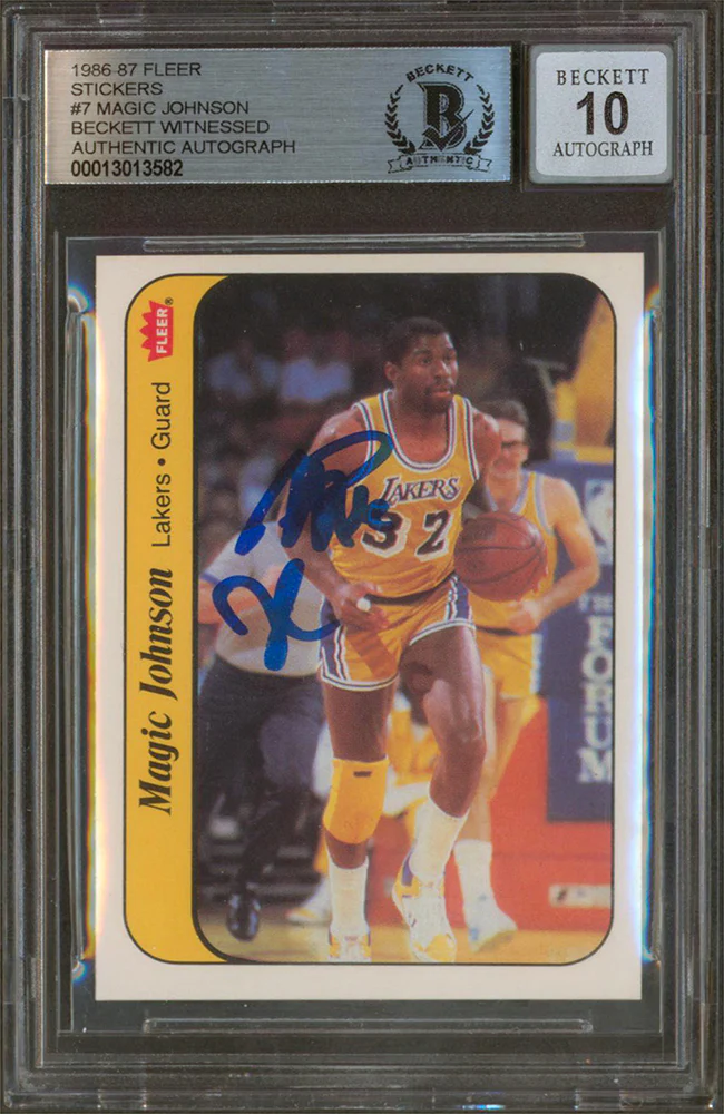 Lakers Magic Johnson Signed 1986 Fleer Stickers #7 Auto 10! BAS Slabbed - Image 2