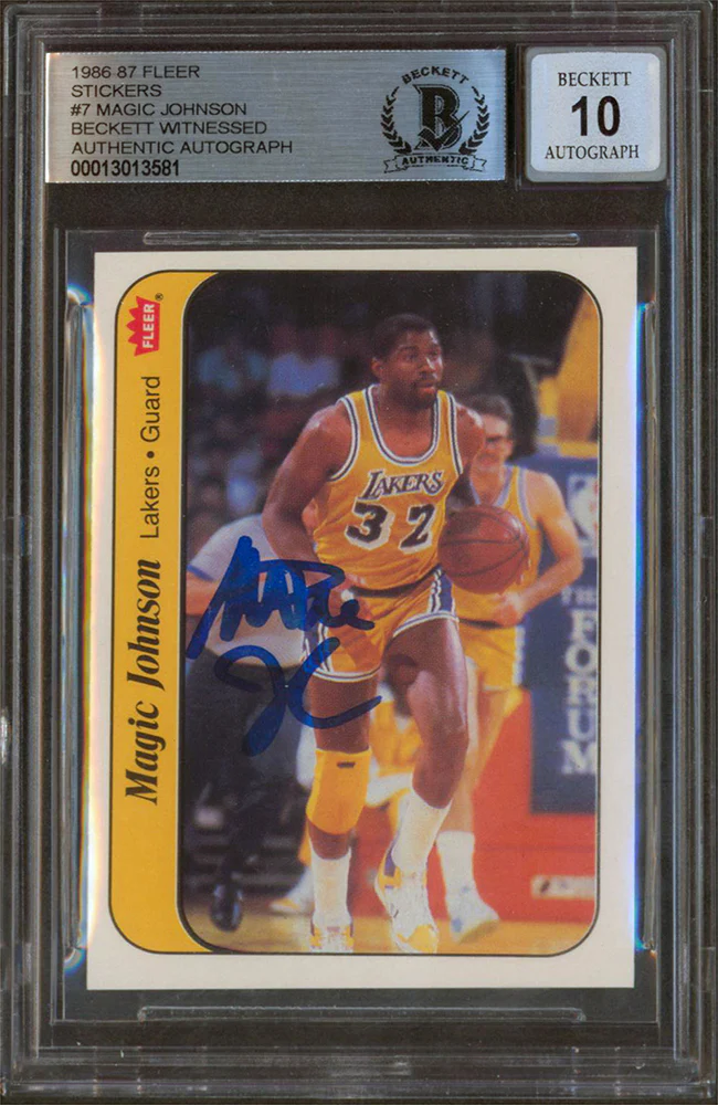 Lakers Magic Johnson Signed 1986 Fleer Stickers #7 Card Auto 10! BAS Slabbed - Image 2