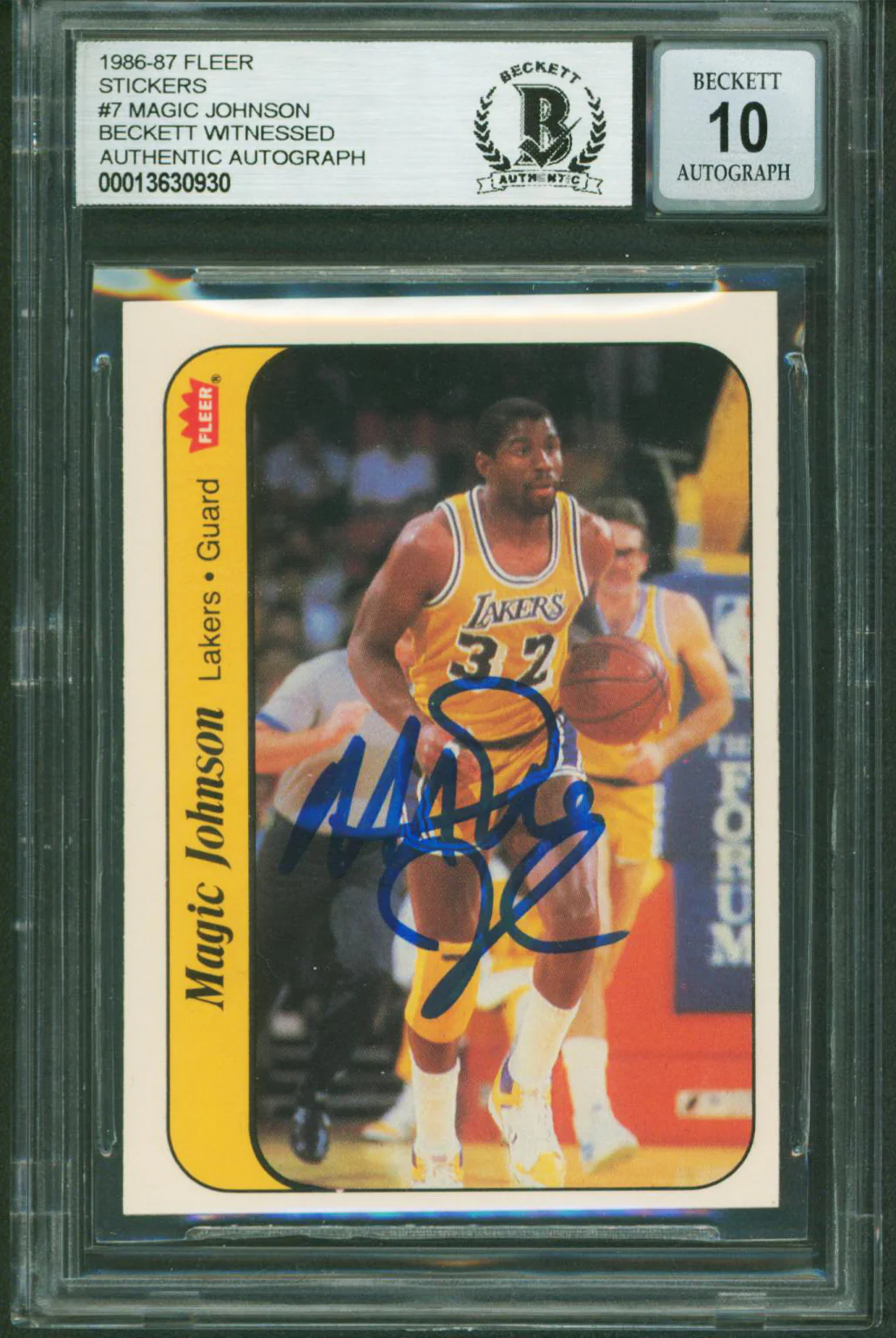 Lakers Magic Johnson Signed 1986 Fleer Stickers #7 Card Auto 10! BAS Slabbed - Image 2