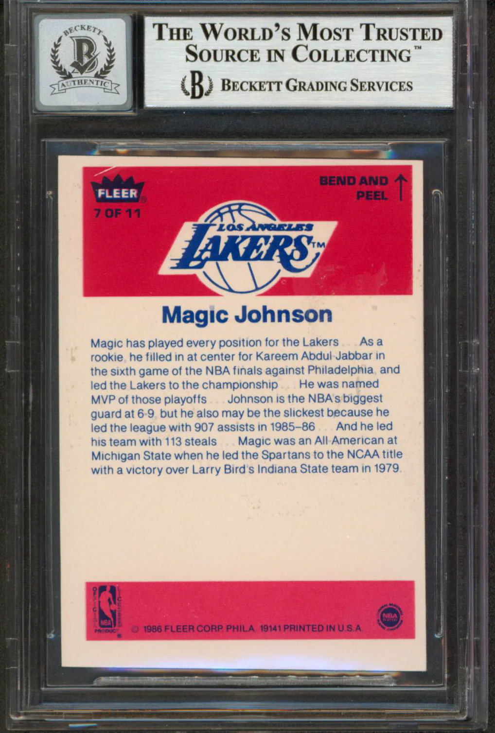 Lakers Magic Johnson Signed 1986 Fleer Stickers #7 Card Auto 10! BAS Slabbed - Image 3