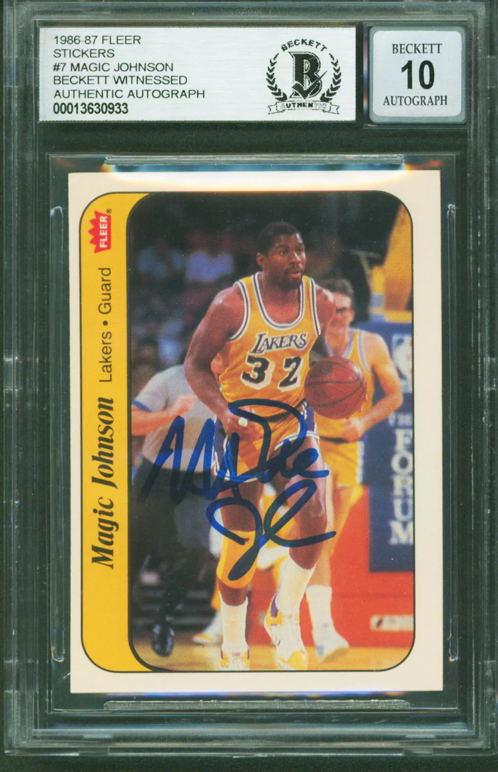 Lakers Magic Johnson Signed 1986 Fleer Stickers #7 Card Auto 10! BAS Slabbed - Image 2