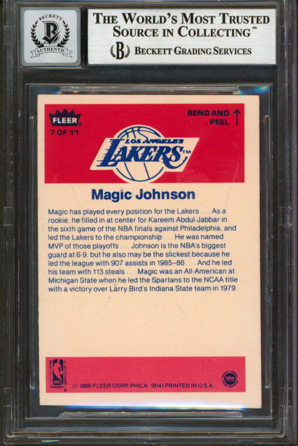 Lakers Magic Johnson Signed 1986 Fleer Stickers #7 Card Auto 10! BAS Slabbed - Image 3