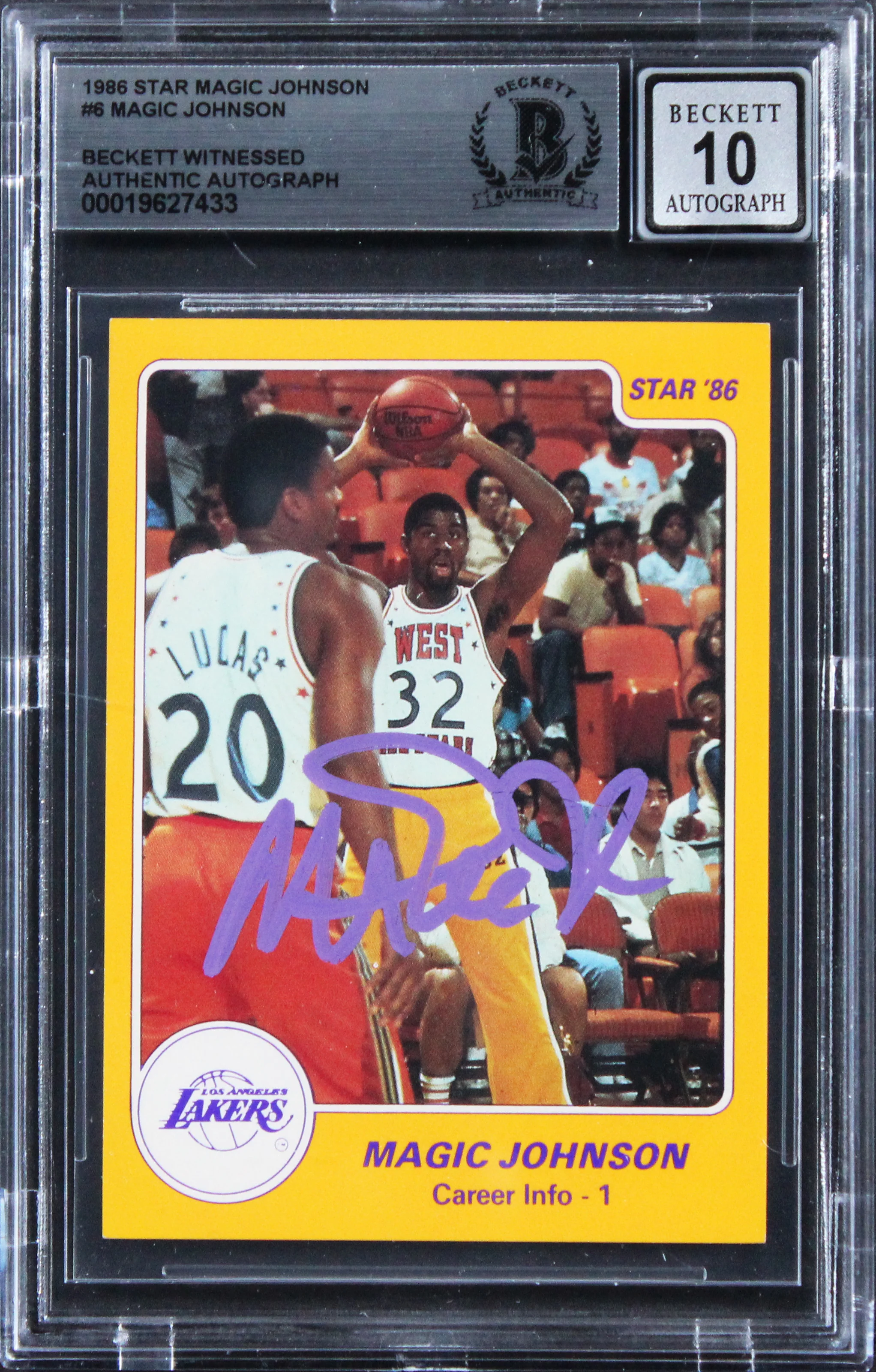 Lakers Magic Johnson Signed 1986 Star #6 Card Auto Grade Gem 10! BAS Slabbed - Image 2