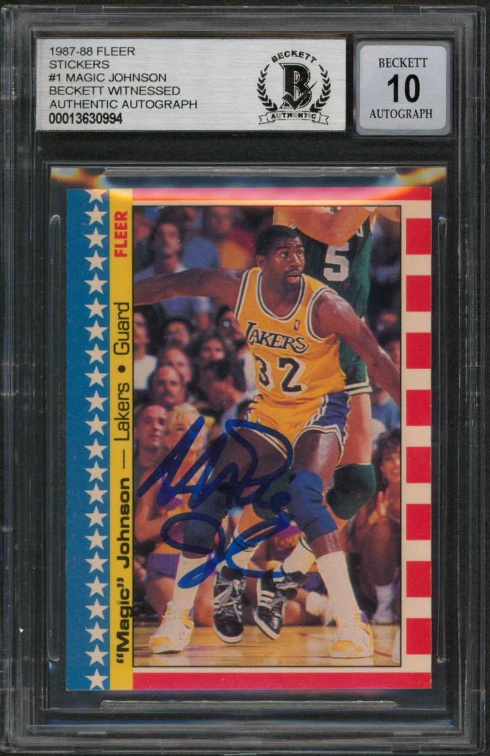Lakers Magic Johnson Signed 1987 Fleer Stickers #1 Card Auto Graded 10! BAS Slab - Image 2