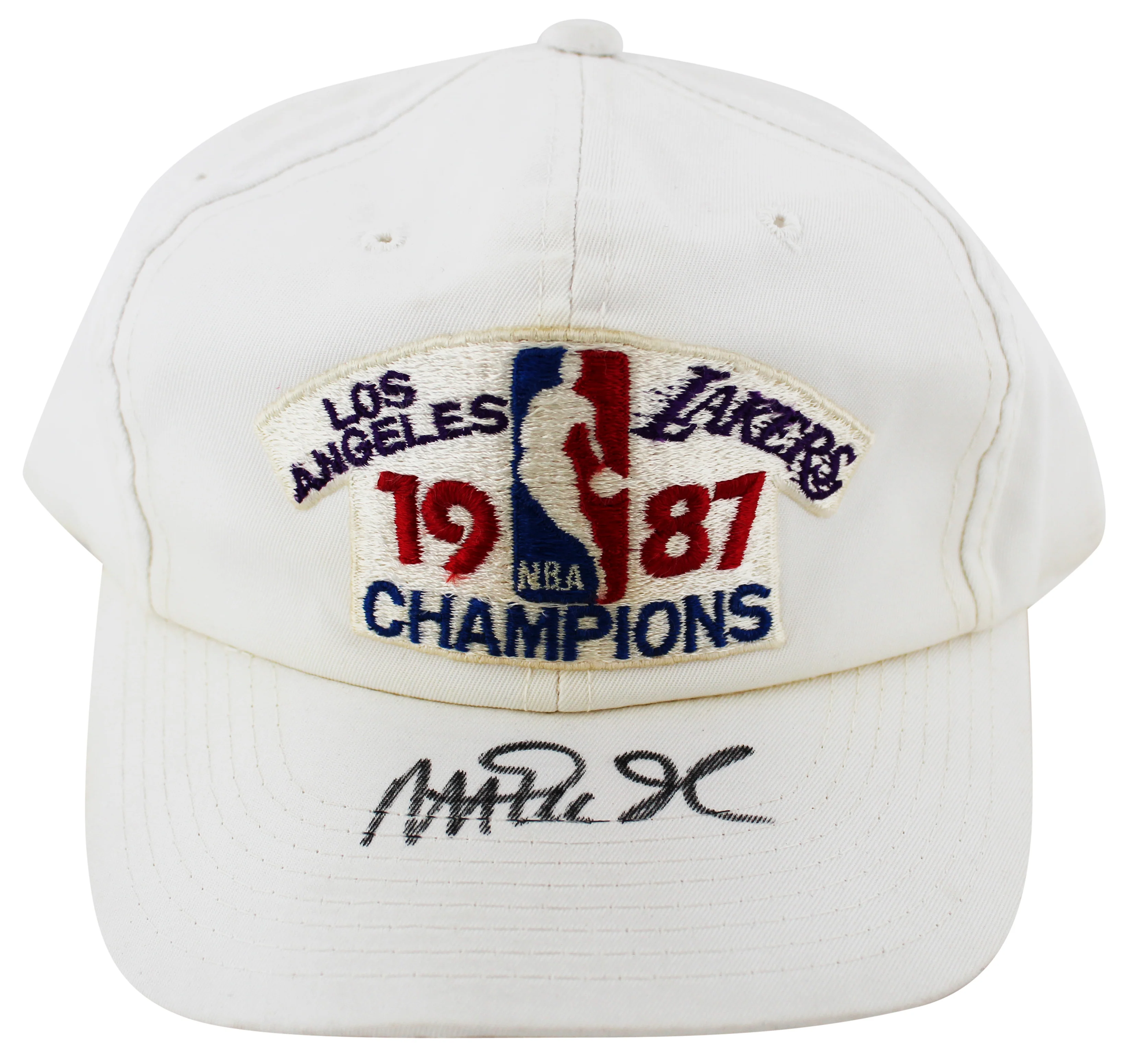 Lakers Magic Johnson Signed 1987 World Champions White Hat BAS Witness #W426873 - Image 2