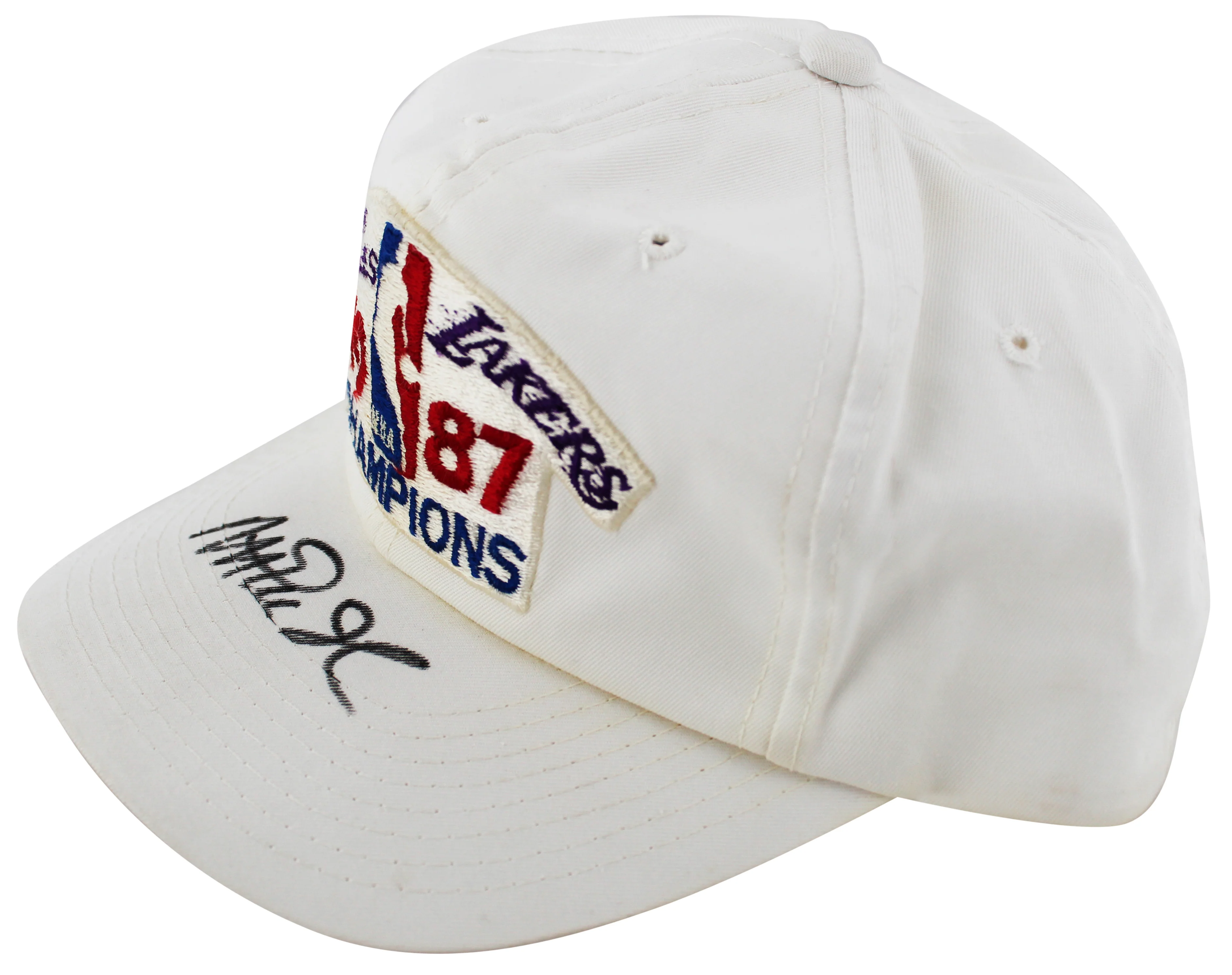 Lakers Magic Johnson Signed 1987 World Champions White Hat BAS Witness #W426873 - Image 4