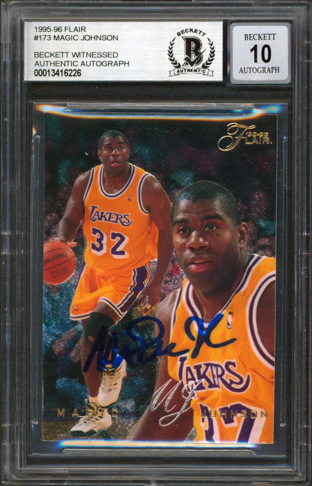 Lakers Magic Johnson Signed 1995 Flair #173 Card Auto Graded Gem 10! BAS Slabbed - Image 2