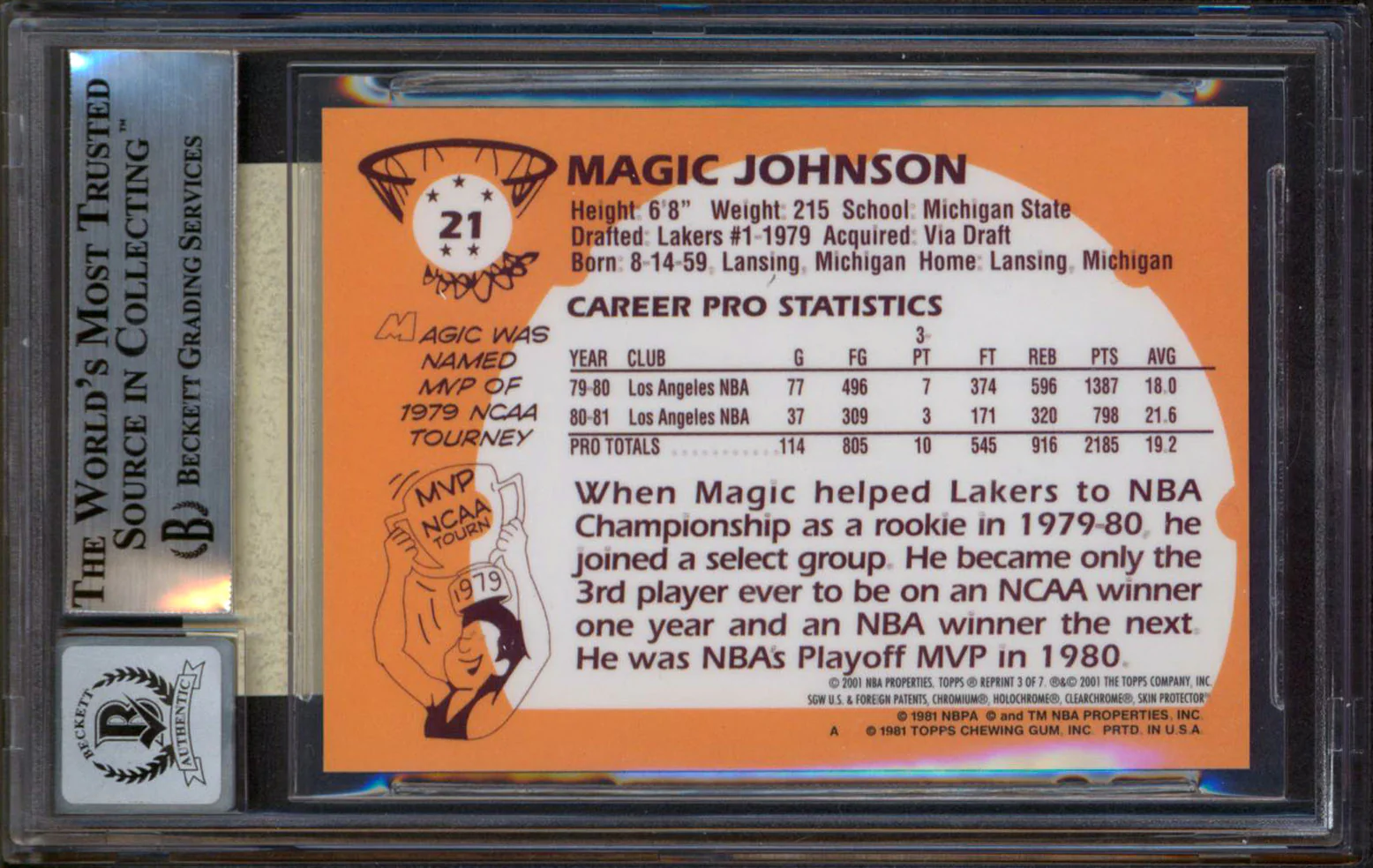 Lakers Magic Johnson Signed 2000 Topps Chrome #3 Card Auto Grade 10! BAS Slabbed - Image 3