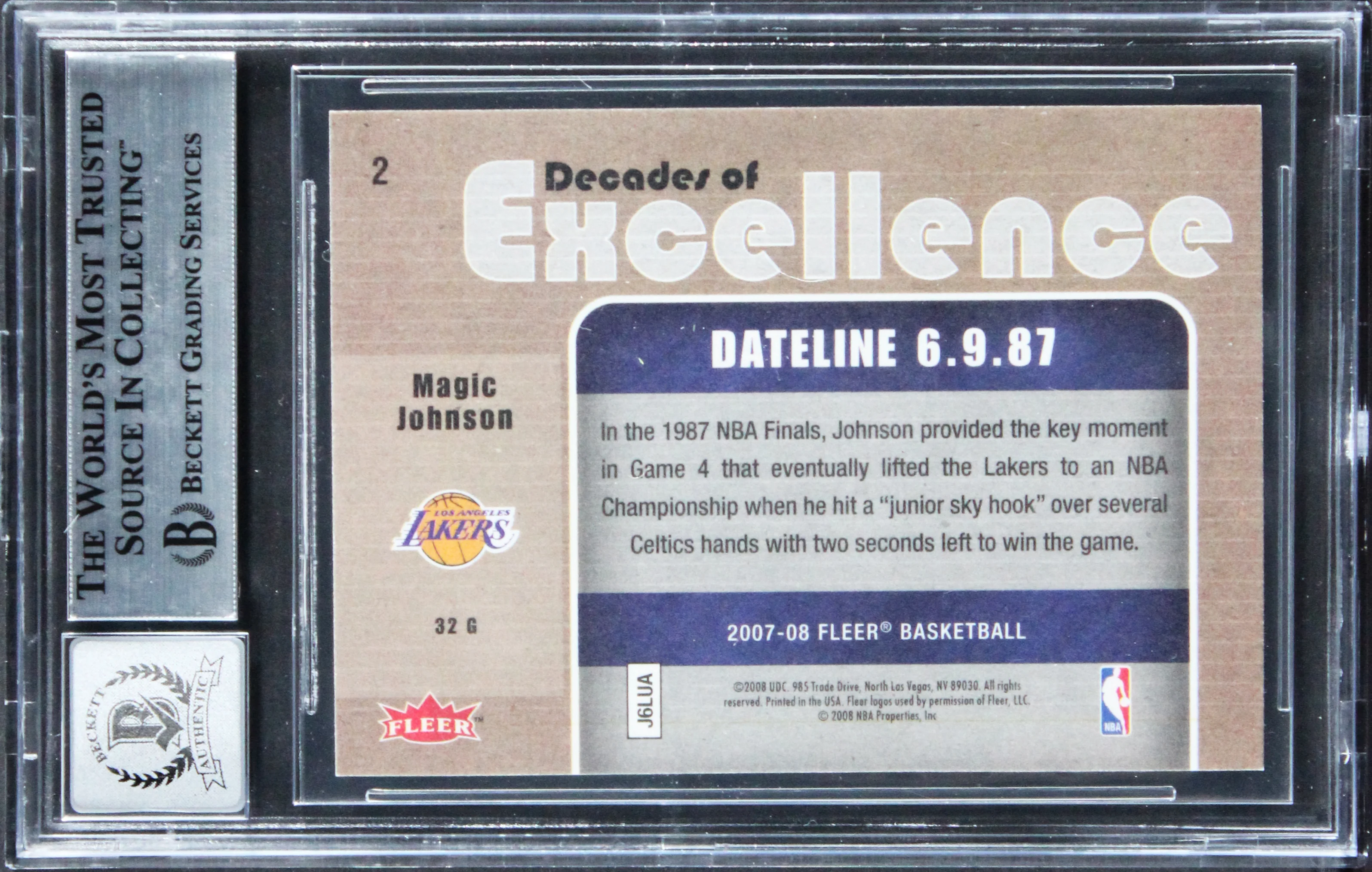 Lakers Magic Johnson Signed 2007 Fleer DOE #2 Card Auto Grade 10! BAS Slabbed - Image 3