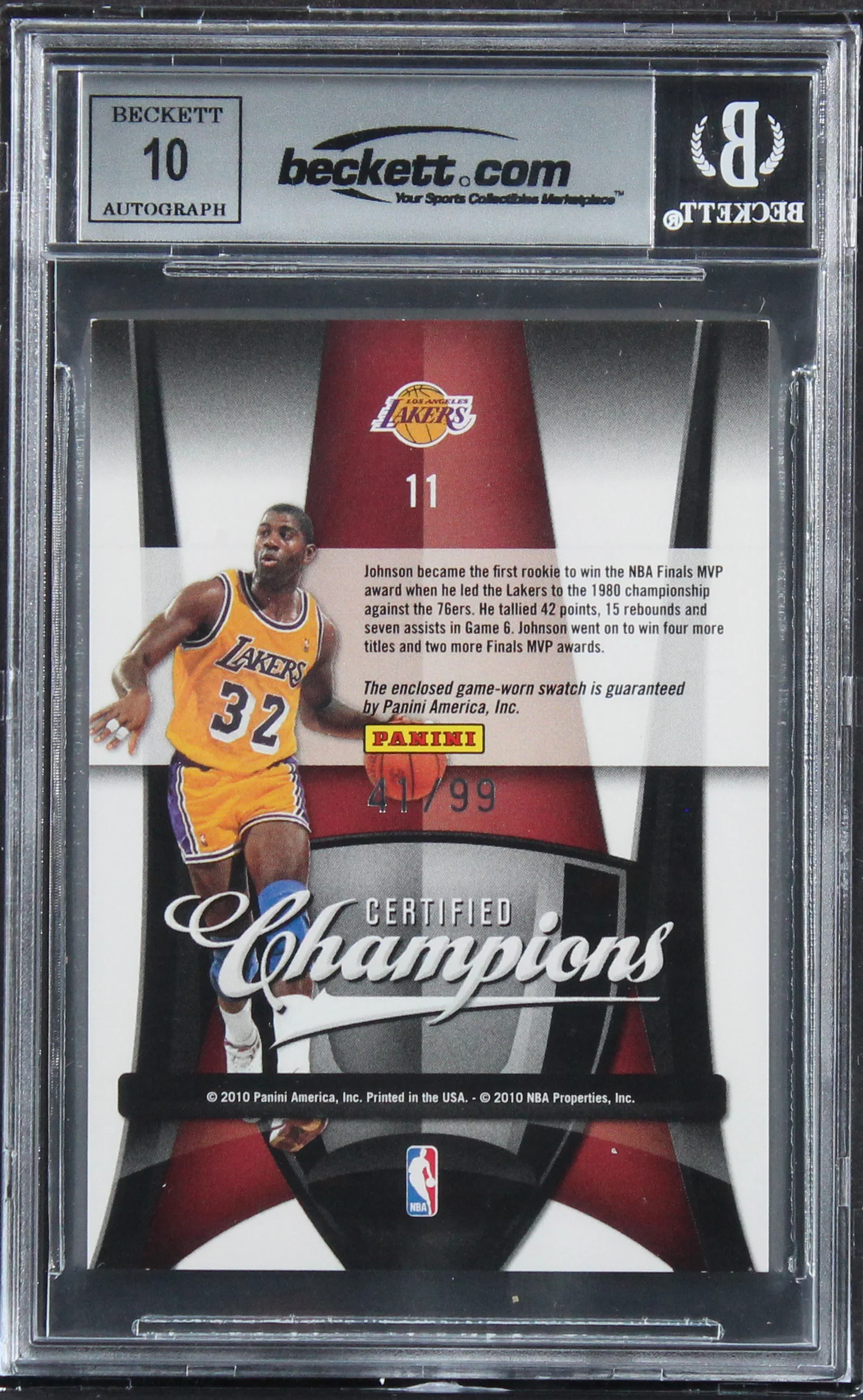 Lakers Magic Johnson Signed 2009 Certified CM #11 #41/99 Auto 10! BAS Slabbed - Image 3