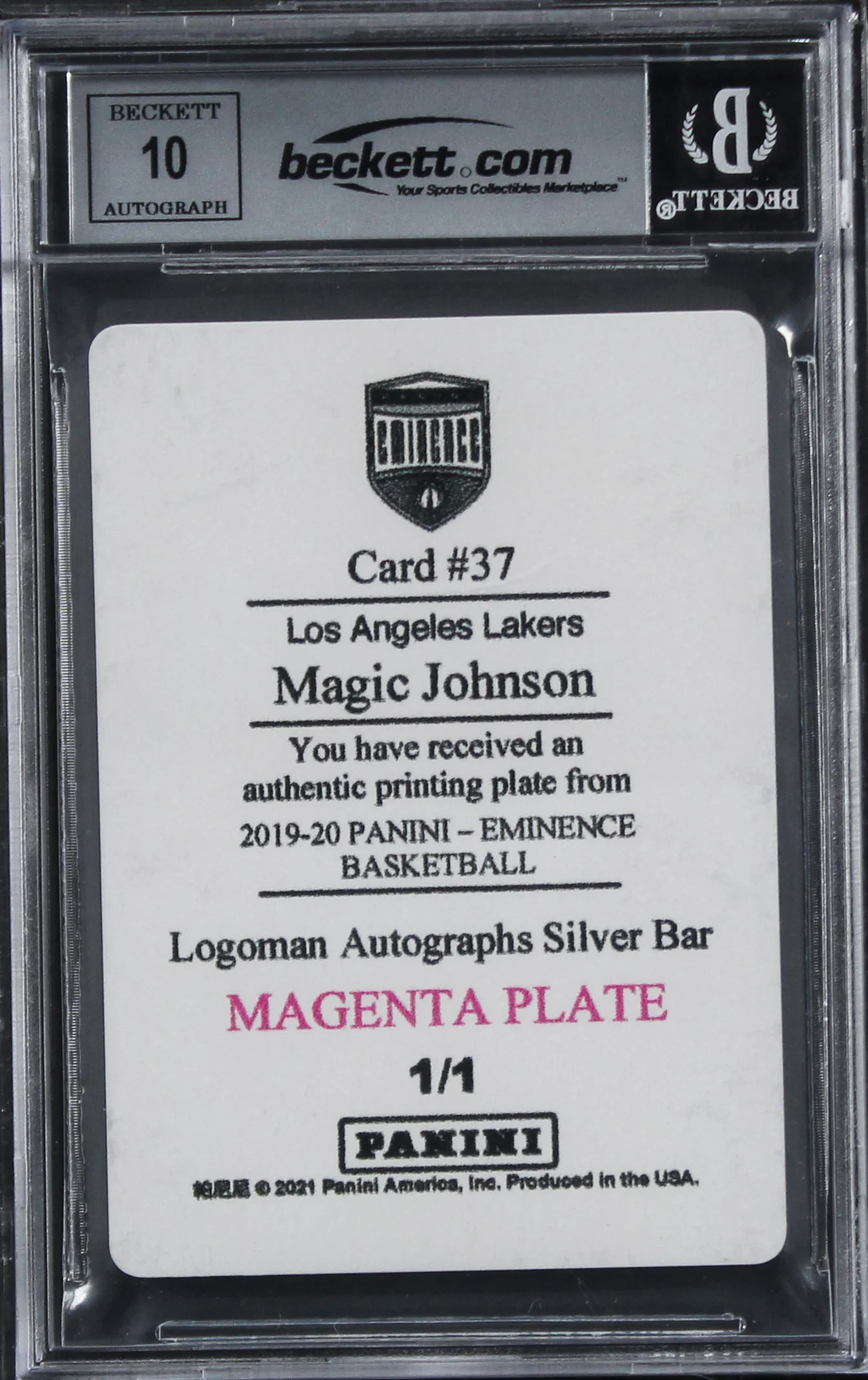 Lakers Magic Johnson Signed 2019 Panini Eminence #37 #1/1 Card Auto 10! BAS Slab - Image 3