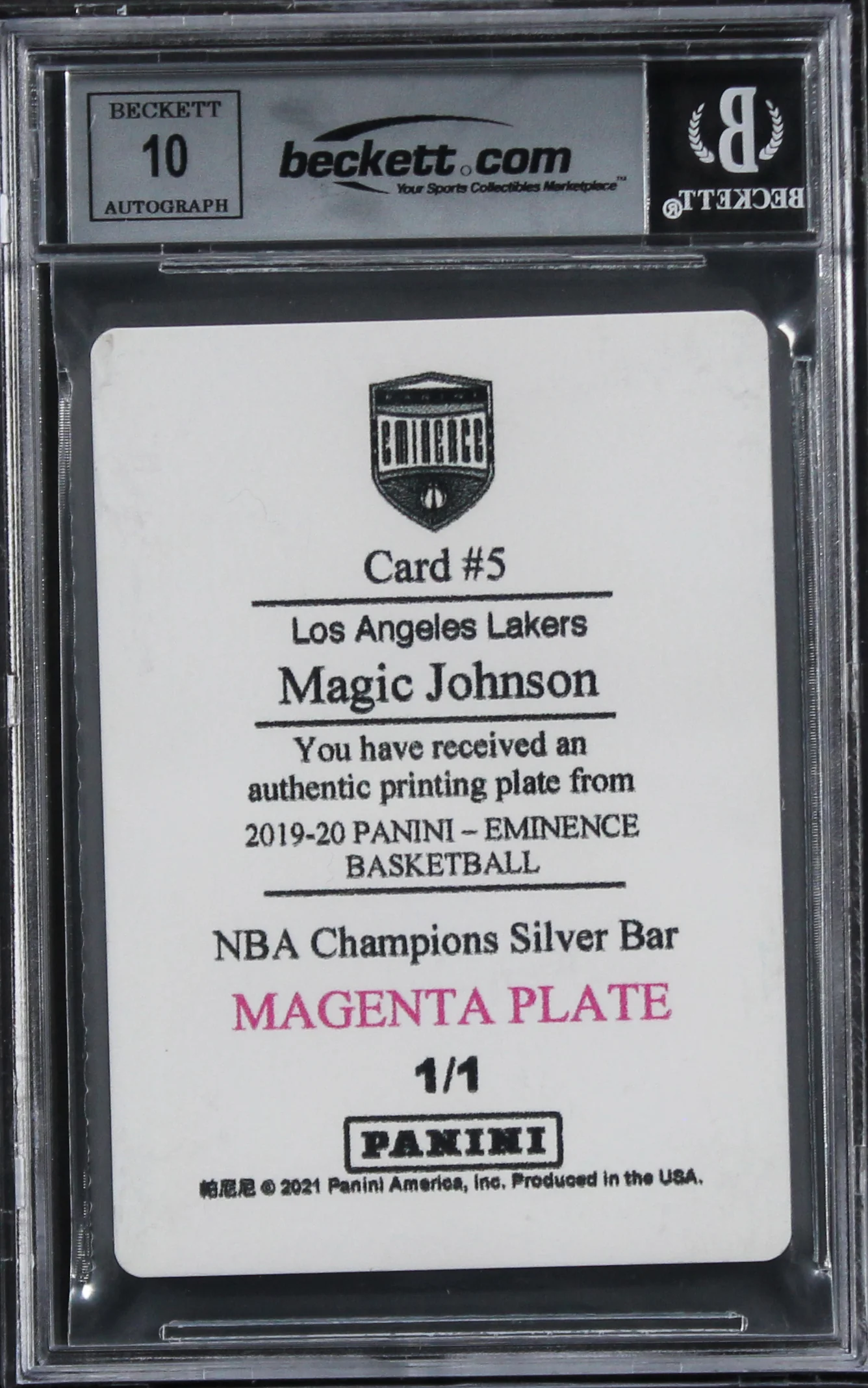 Lakers Magic Johnson Signed 2019 Panini Eminence #5 #1/1 Card Auto 10! BAS Slab - Image 3