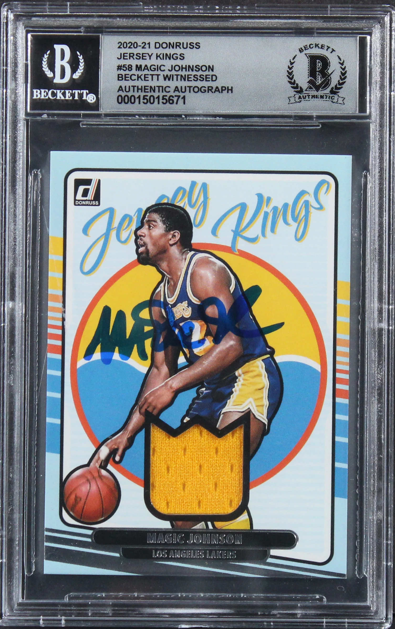 Lakers Magic Johnson Signed 2020 Donruss Jersey Kings #58 Card Auto 10! BAS Slab - Image 2