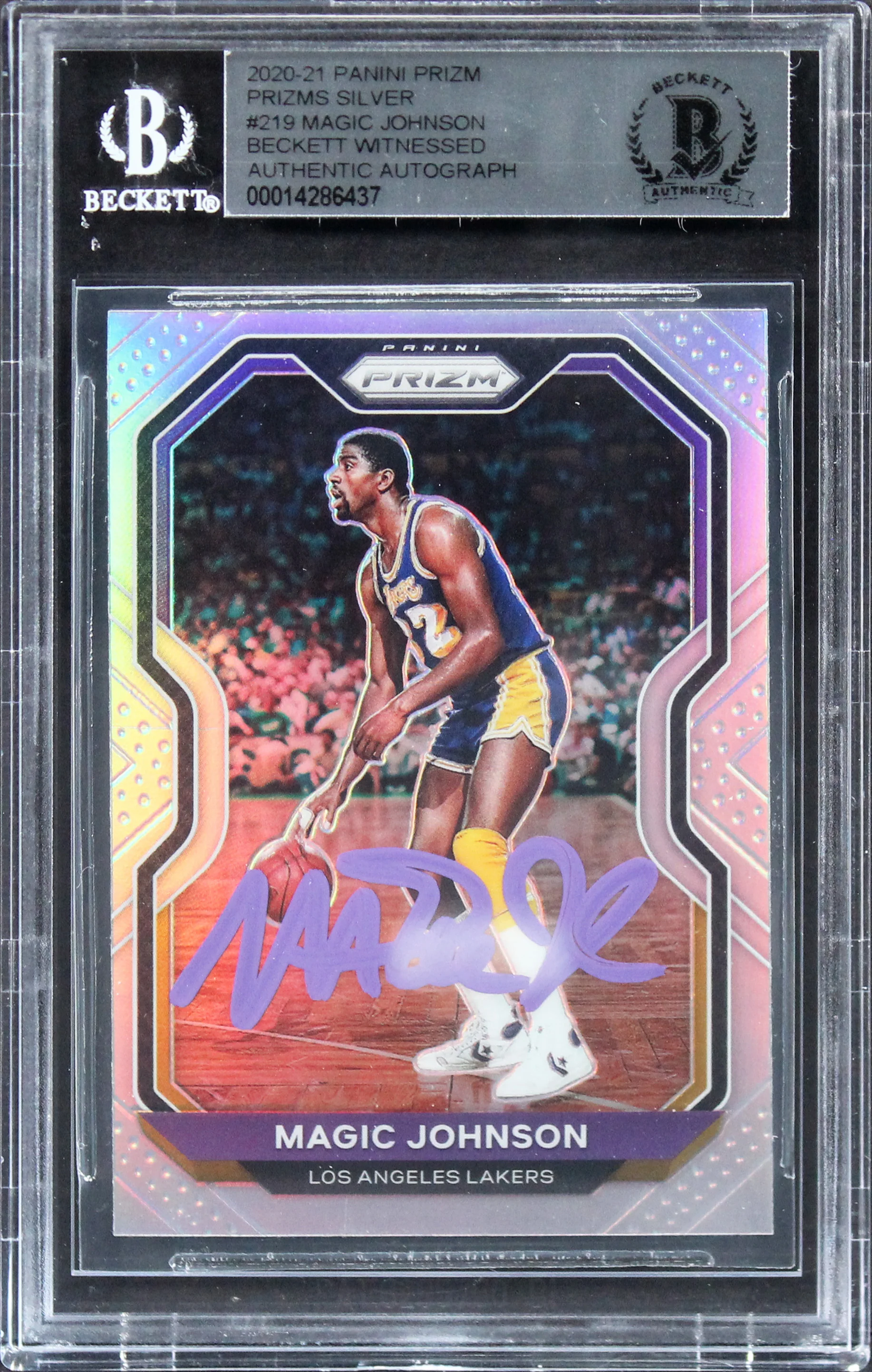 Lakers Magic Johnson Signed 2020 Panini Prizms Silver #219 Card BAS Slabbed