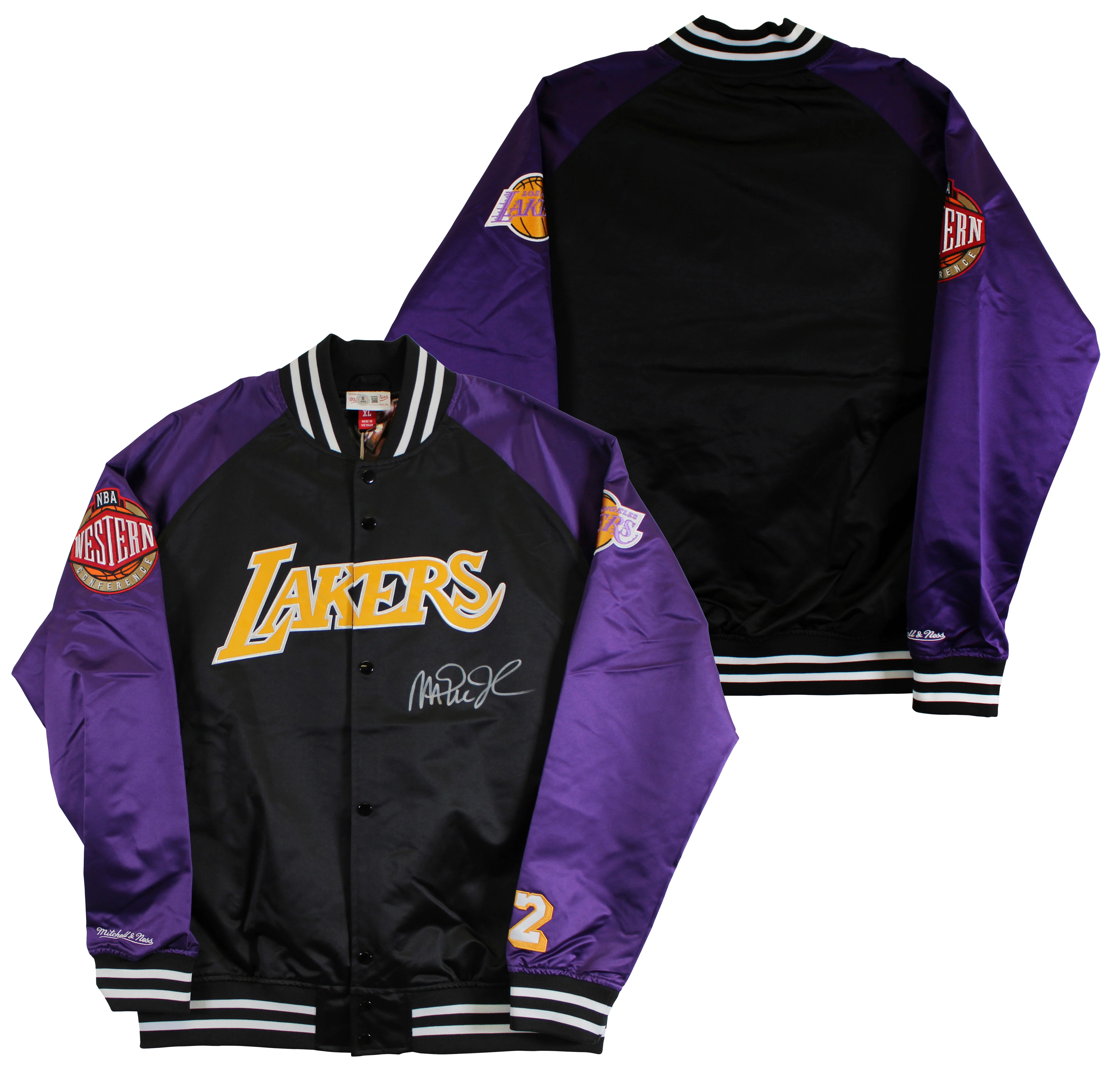 Lakers Magic Johnson Signed Black M&N Warm Up Jacket w/ Patches BAS Witnessed 2 - Image 2
