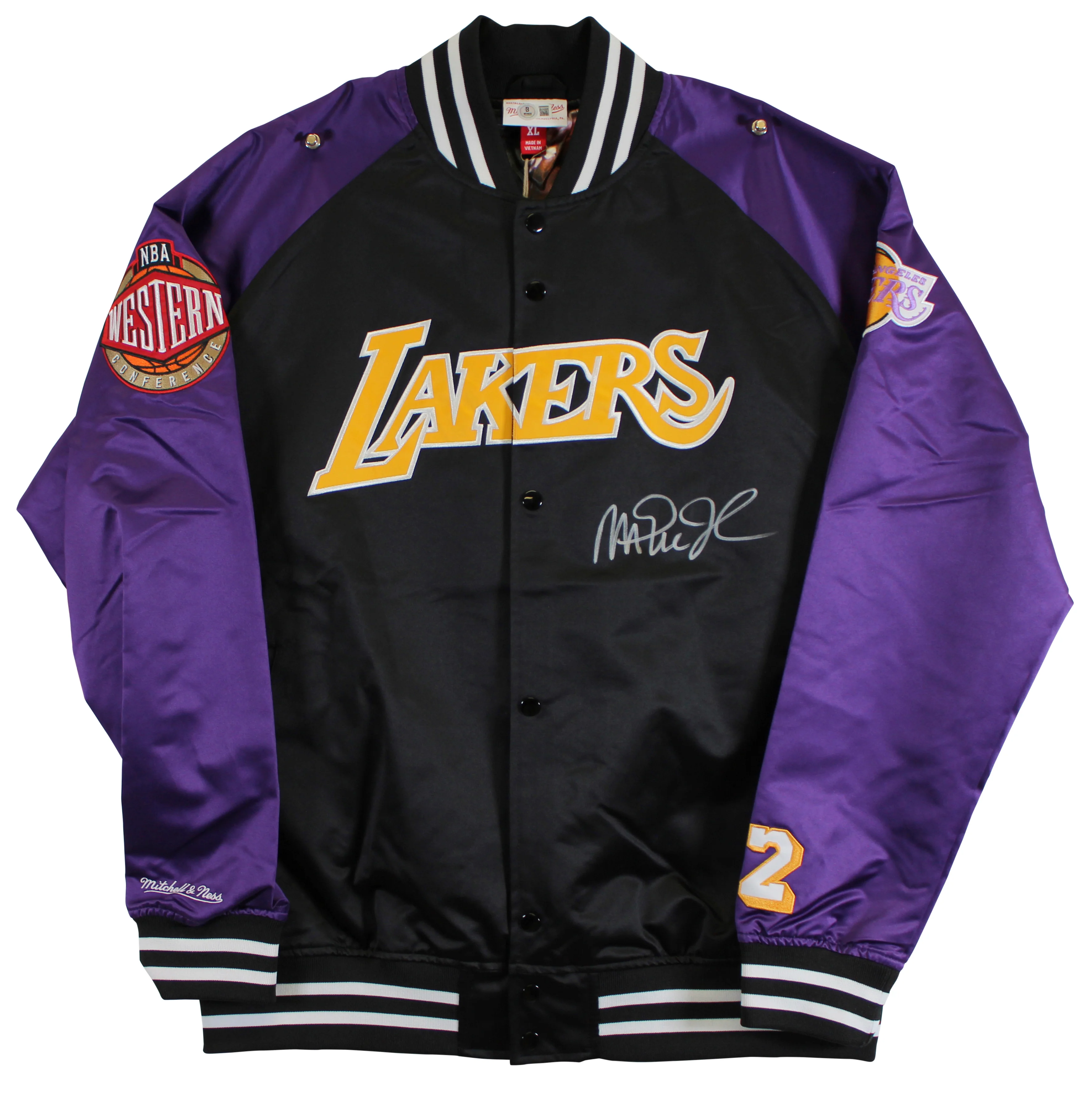 Lakers Magic Johnson Signed Black M&N Warm Up Jacket w/ Patches BAS Witnessed 2 - Image 3