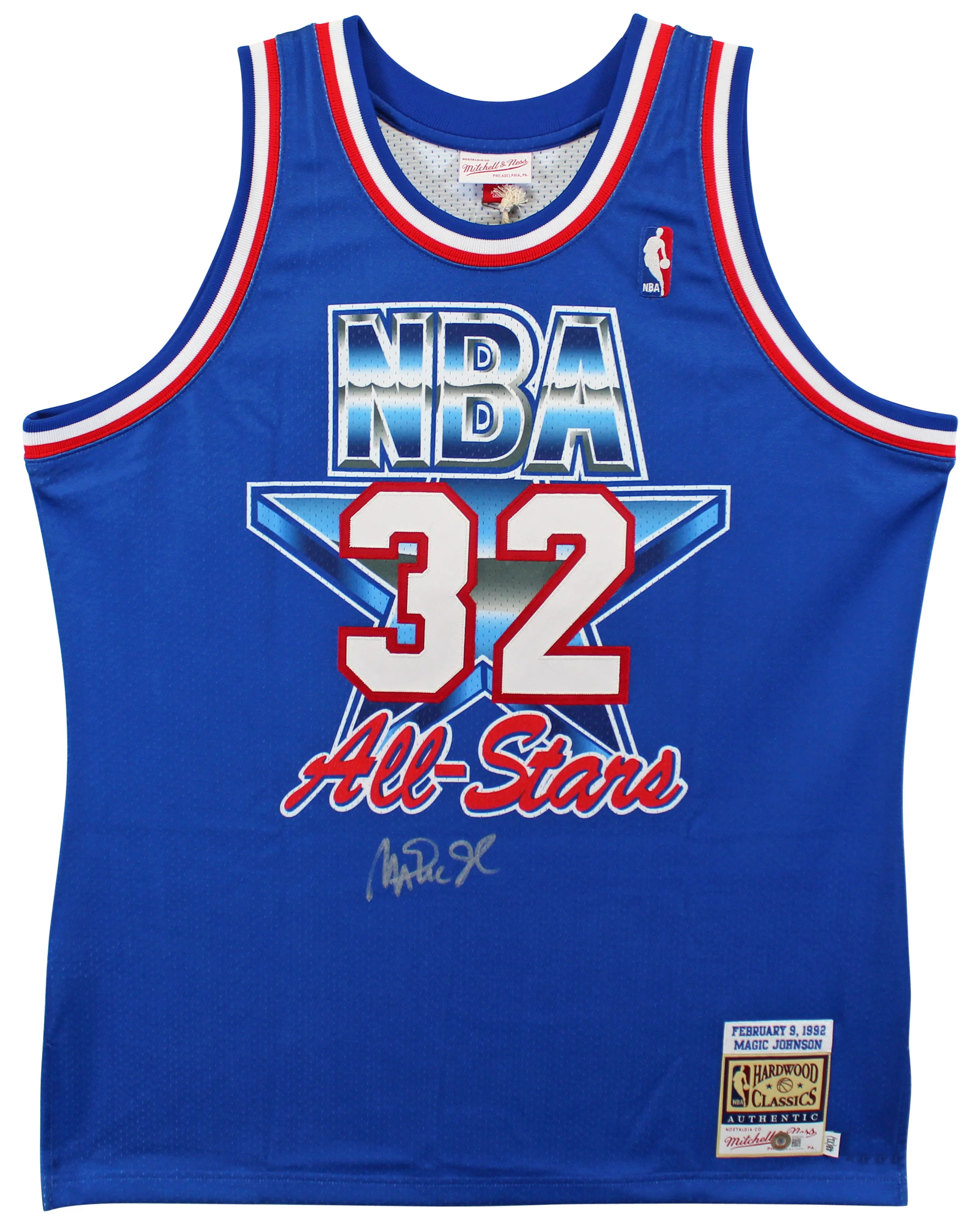 Lakers Magic Johnson Signed Blue M&N 1992 All-Star Authentic Jersey BAS Witness - Image 2