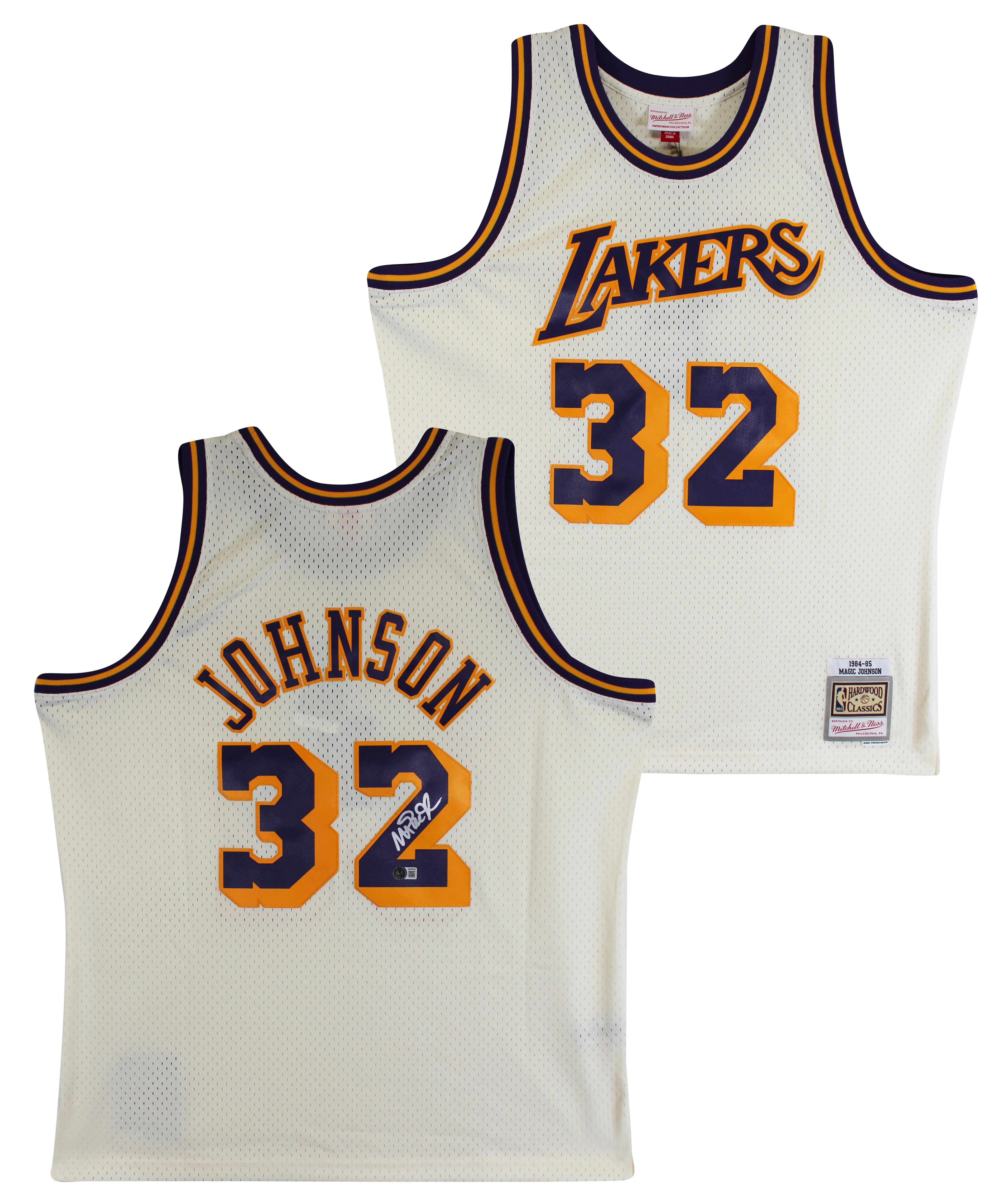 Lakers Magic Johnson Signed Cream 1984-85 M&N HWC Swingman Jersey BAS Witnessed - Image 2